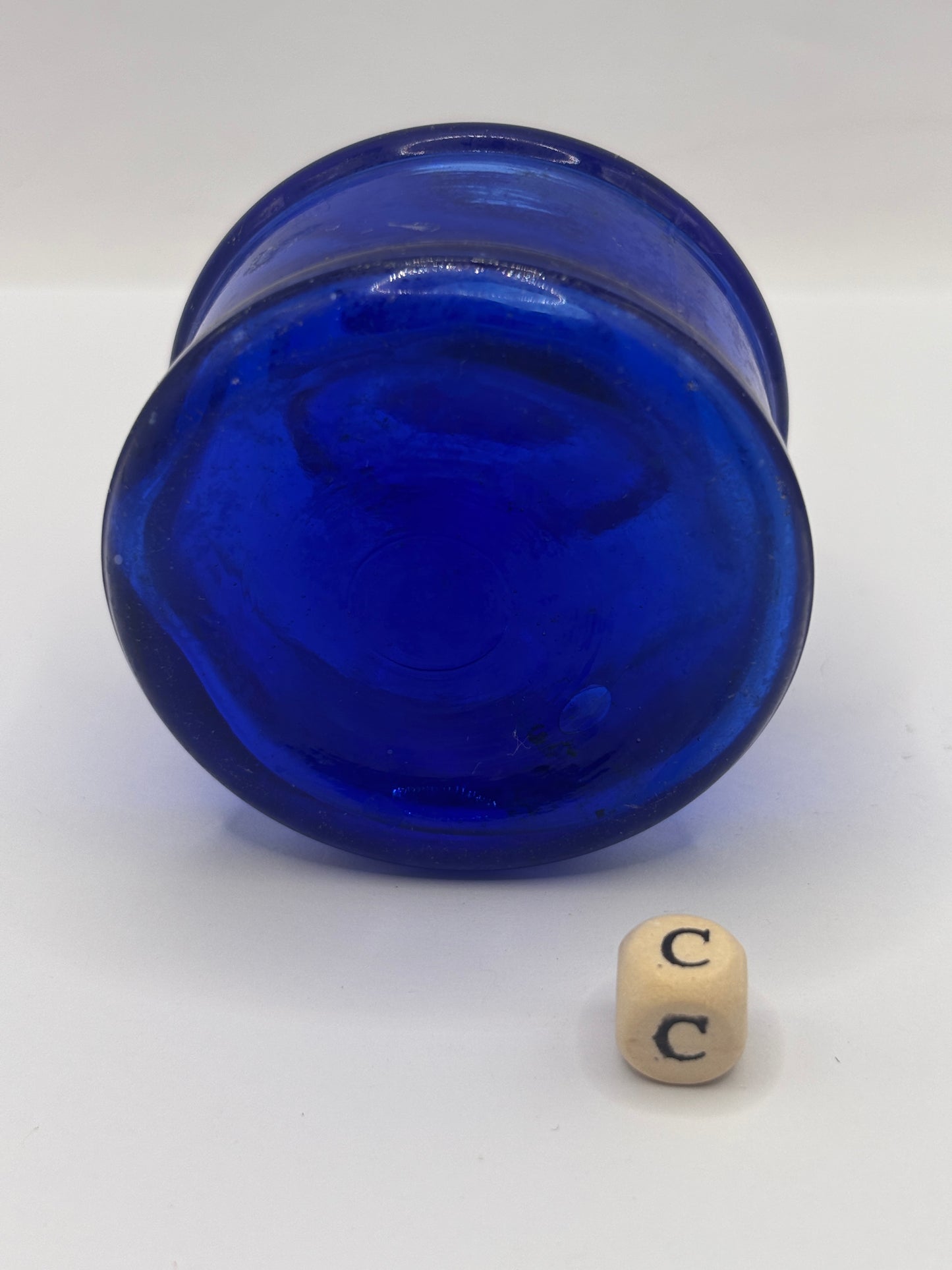 Old blue glass ink bottle, inkwell, penny ink (c)