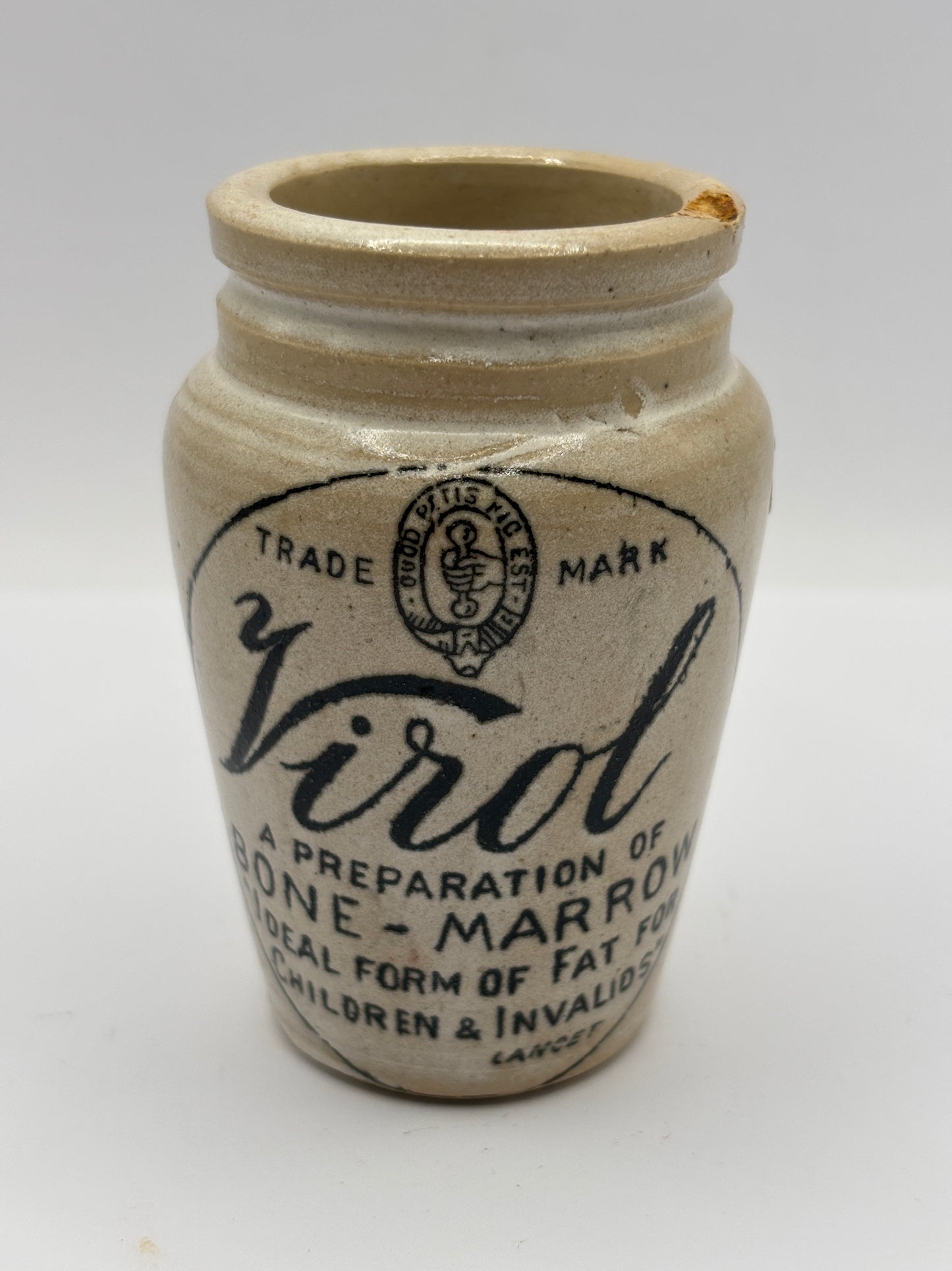 Old stoneware advertising Virol jar 7.5cms