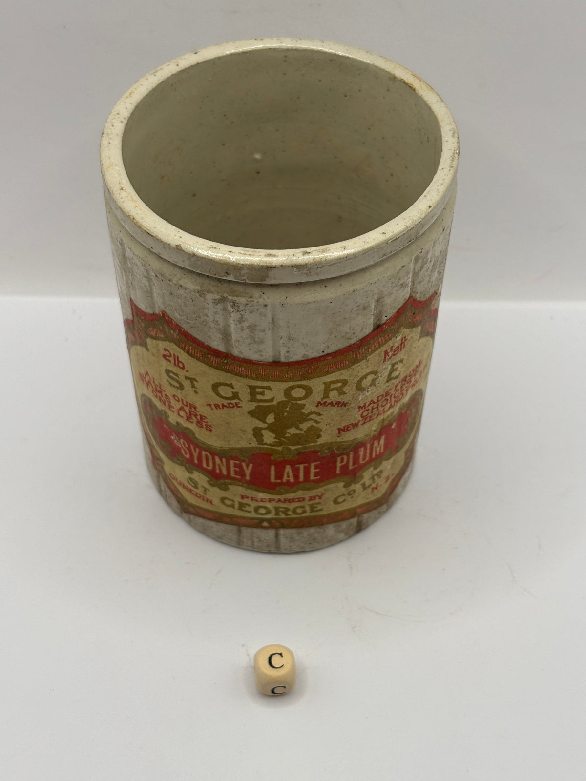 Old 1lb ribbed stoneware jam pot with added label (c)