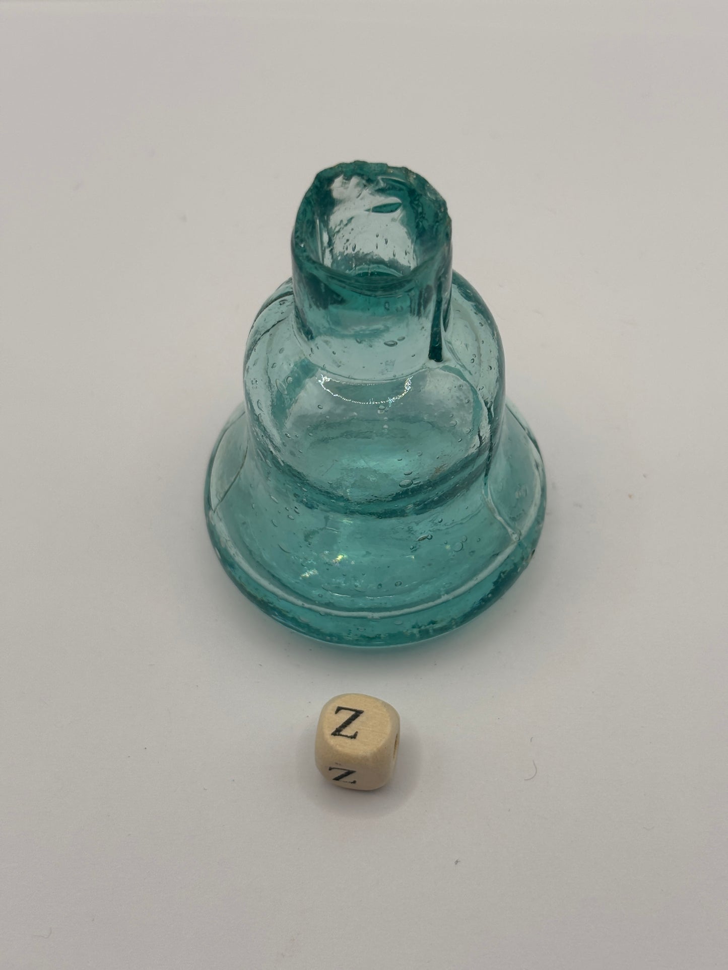 Old aqua glass inkwell, Bell ink (Z)