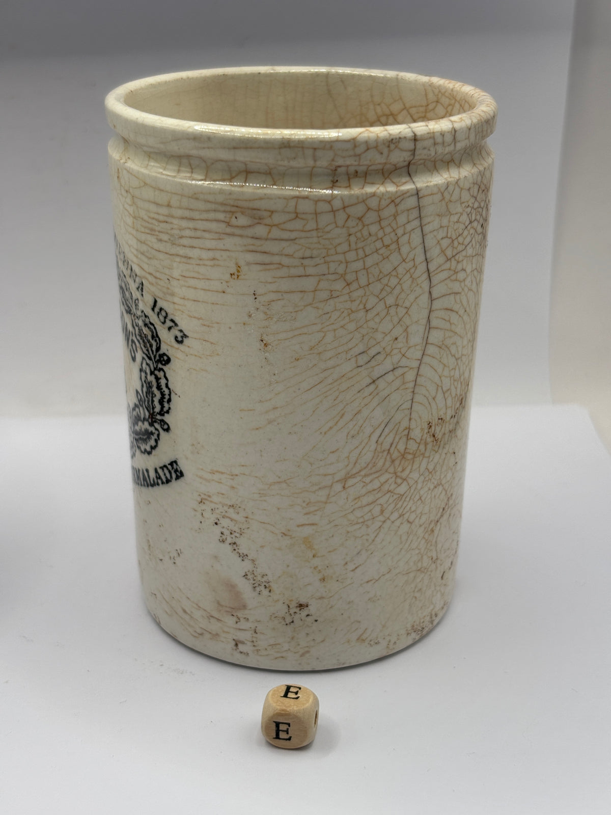 Old 1lb stoneware marmalade pot, James Keiller Dundee marmalade (e) damaged