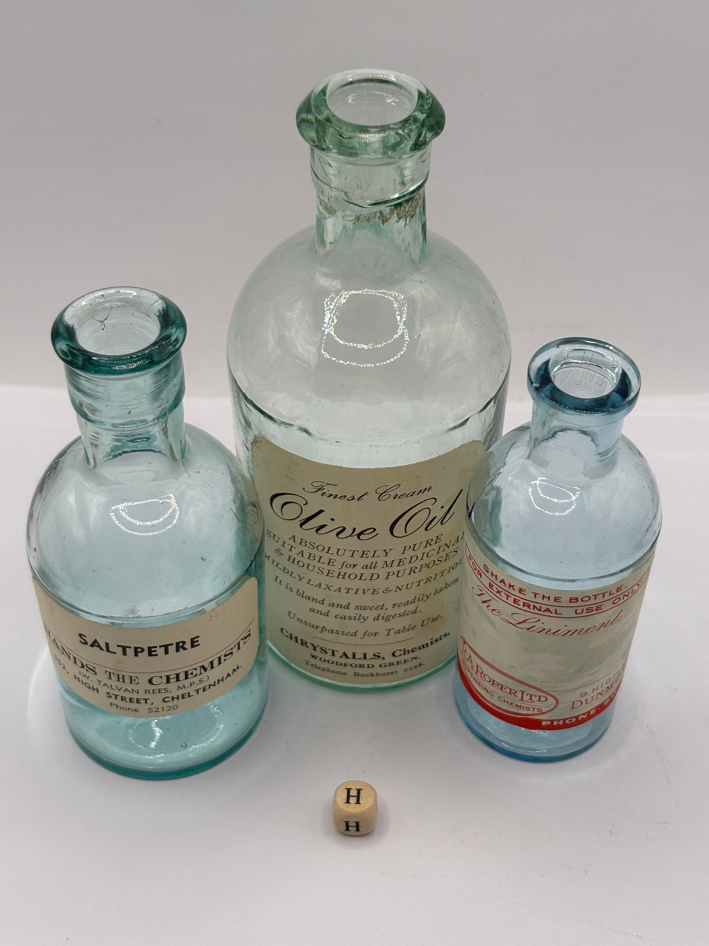 3 old chemist bottles with added labels (H)