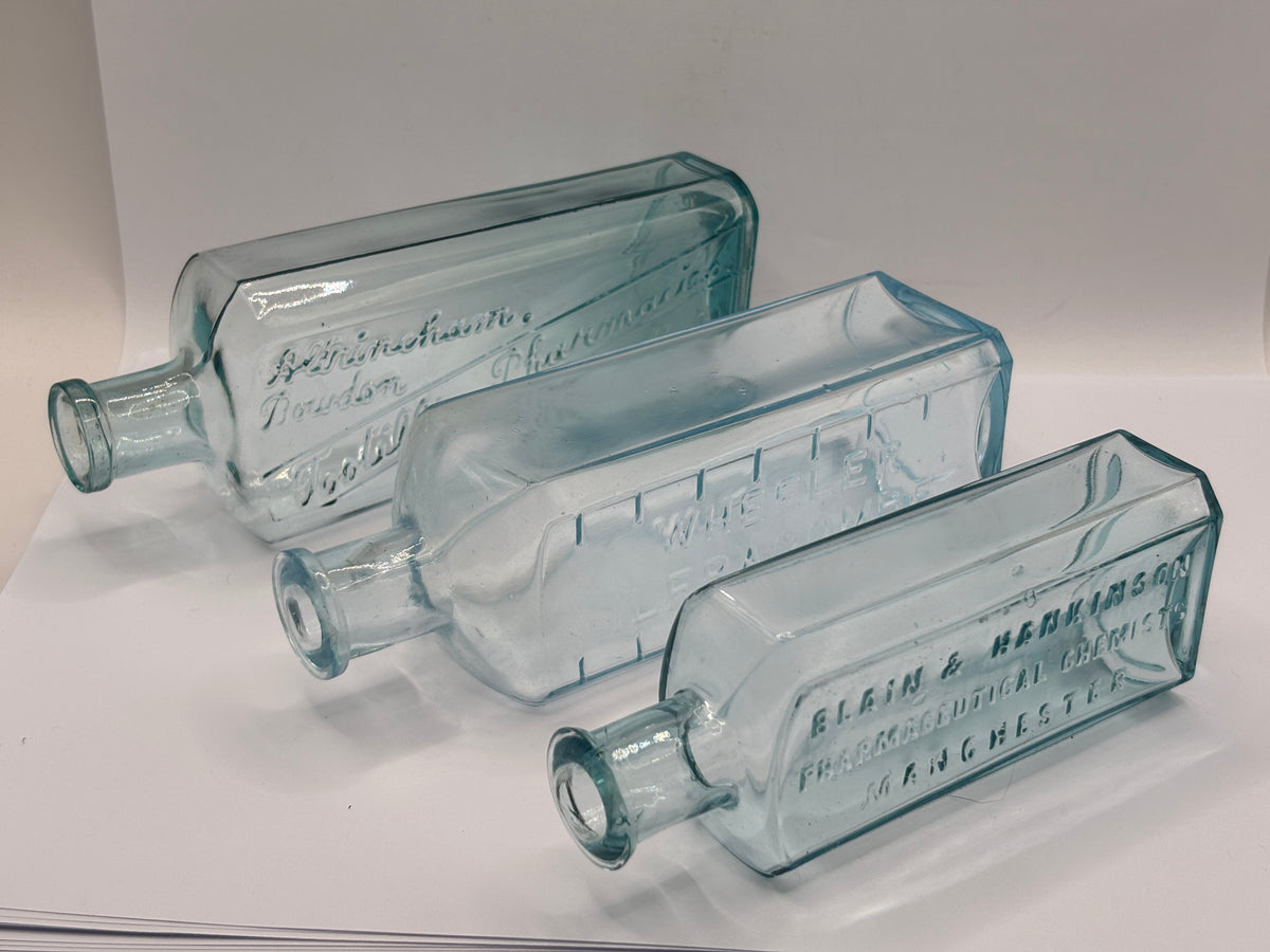 3 old aqua glass advertisement chemist bottles
