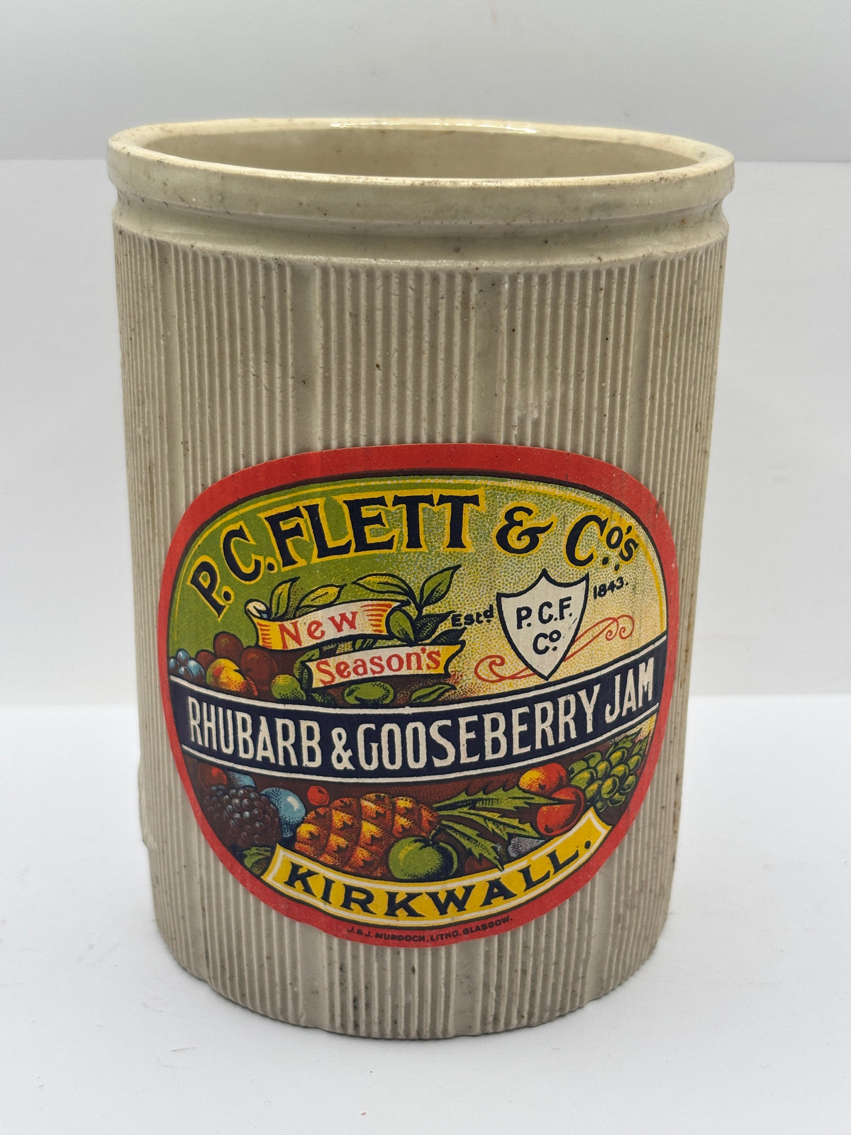 Old 2lb ribbed stoneware jam pot with added label