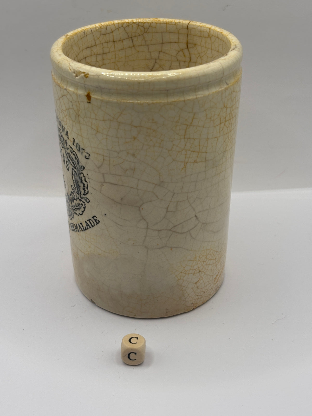 Old 1lb stoneware marmalade pot, James Keiller Dundee marmalade (c)
