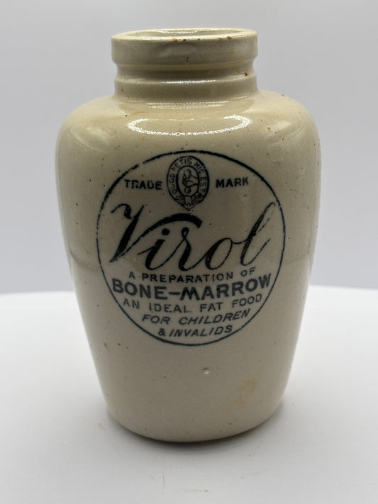 Old stoneware advertising Virol jar 13.5cms