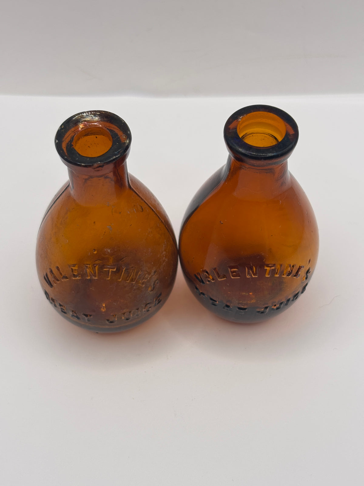 2 Old amber glass bottles, Valentines meat juices