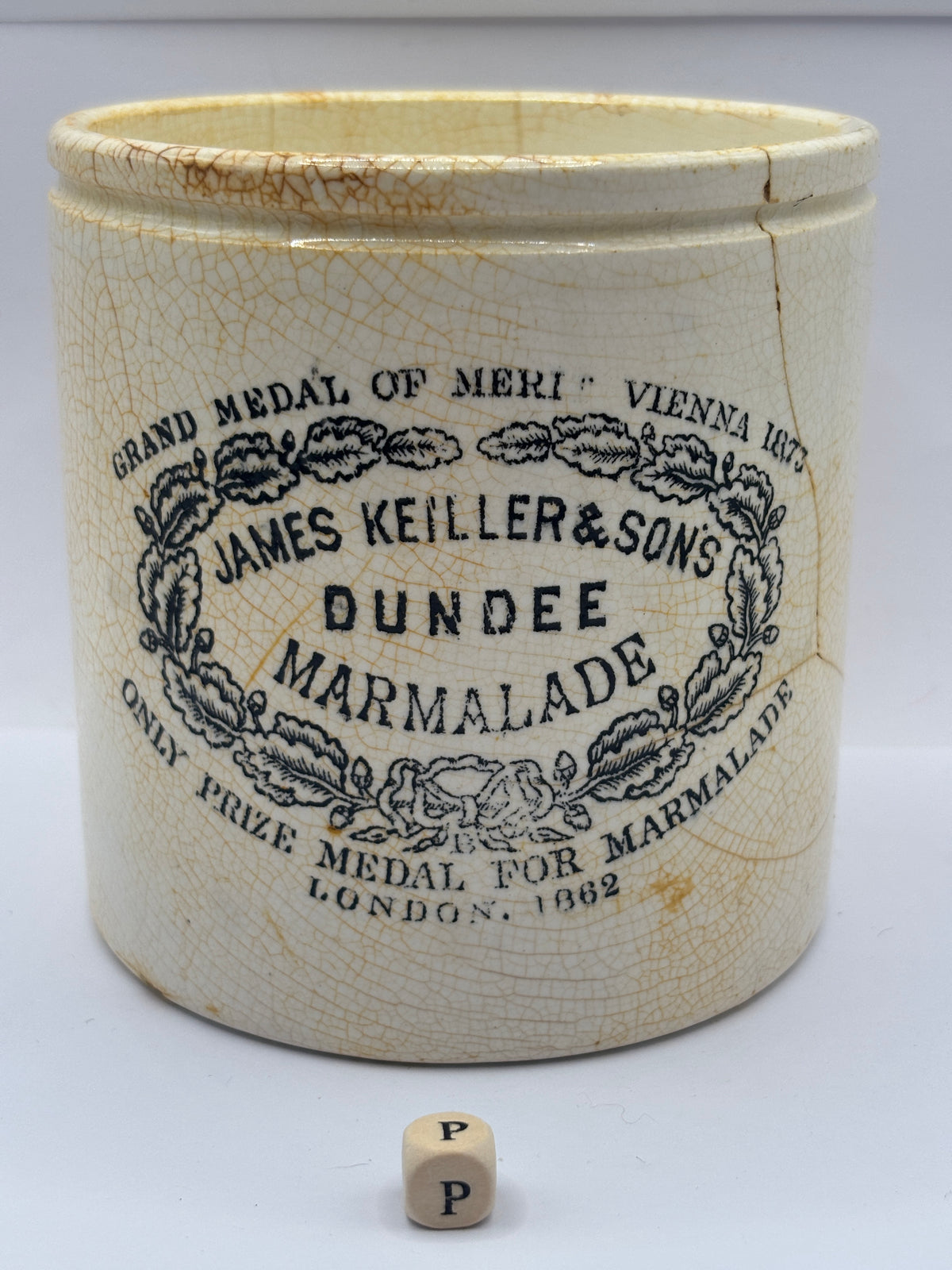 Old 2lb stoneware marmalade pot, James Keiller Dundee marmalade (P) damaged