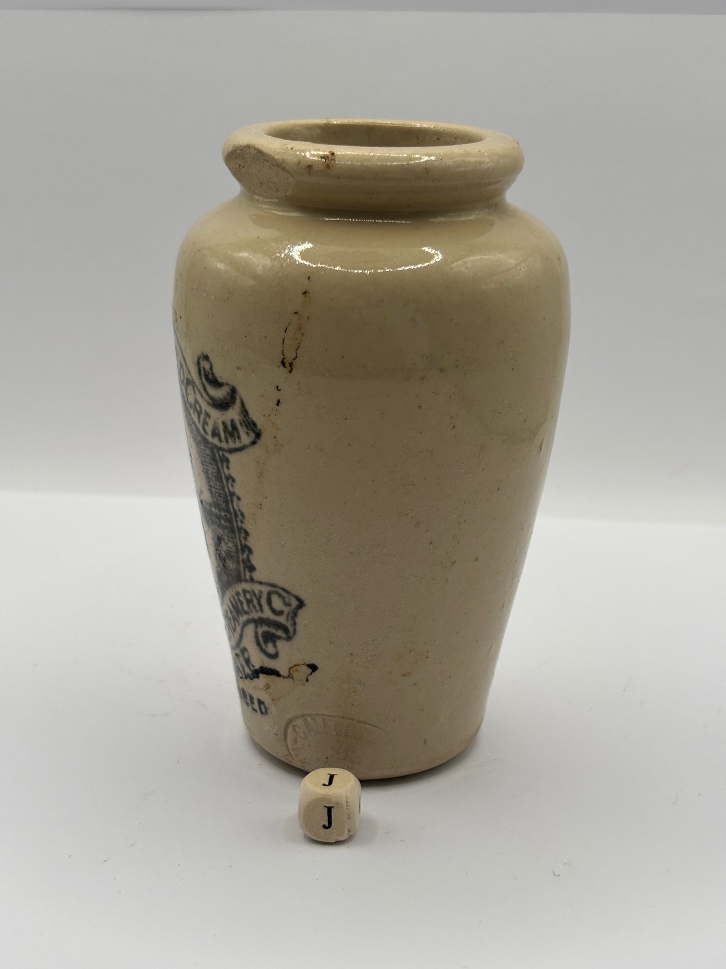 Old advertising cream pot, Rich preserved cream, Stranraer. Milk maid (J) damaged