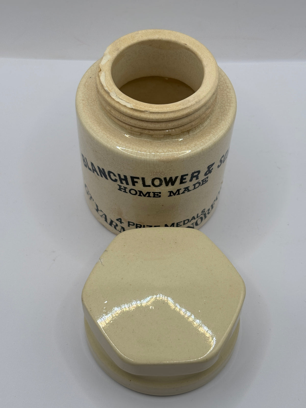 Old stoneware advertising jar, Blanchflower home made potted meat jar