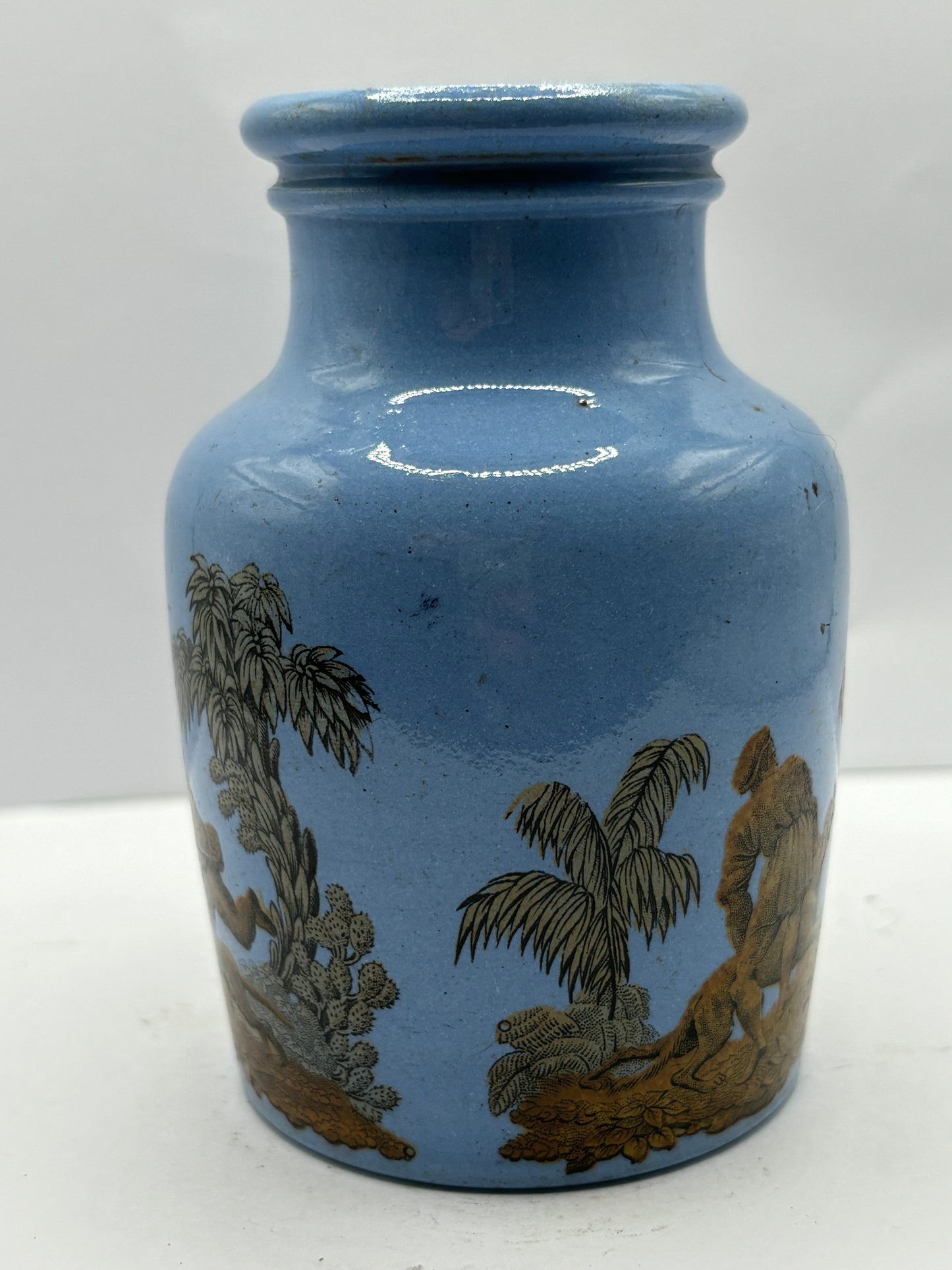 Blue Prattware jar, hunting horses