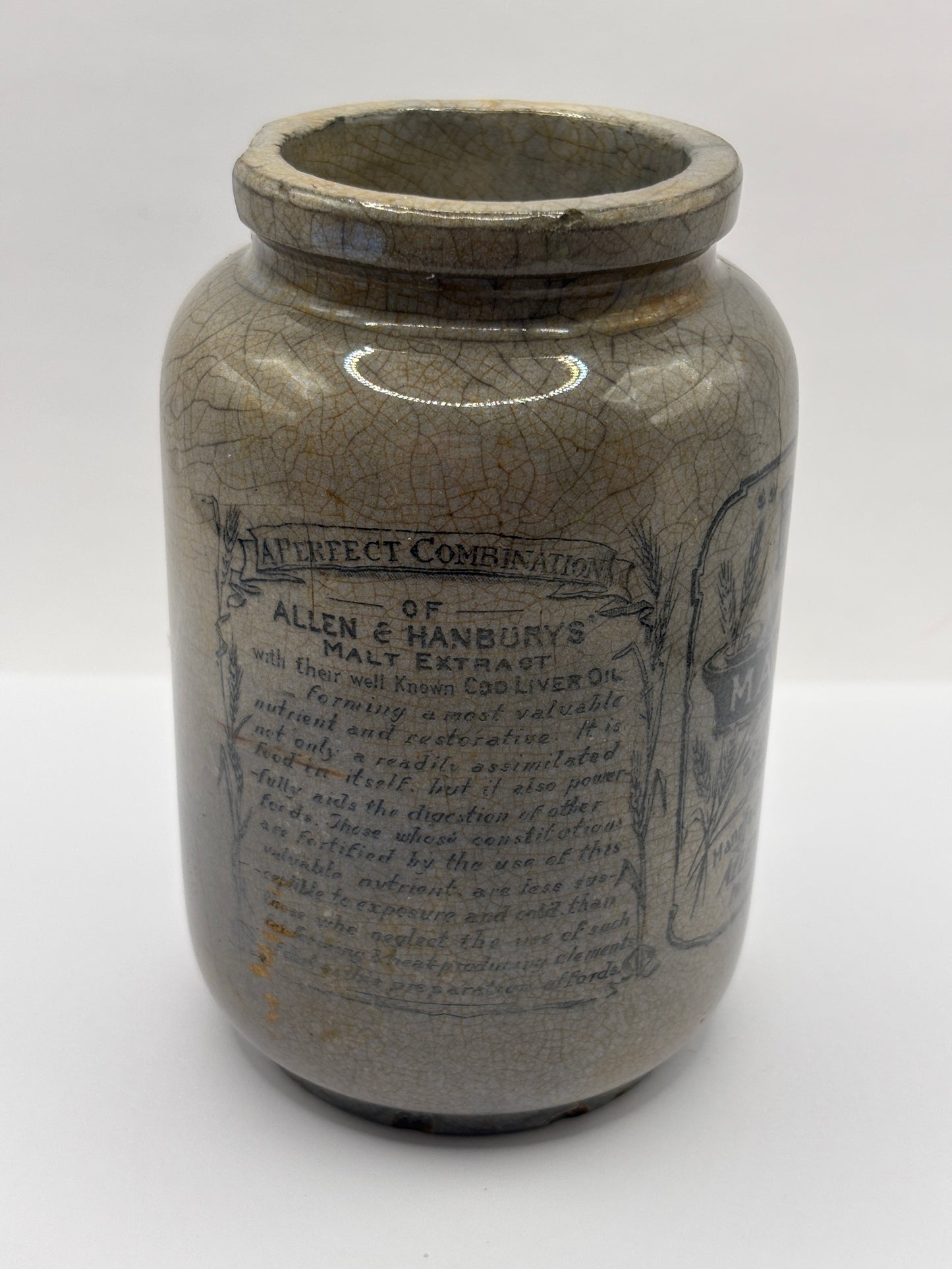 Old Bynol advertising jar, malt and oil. Damaged
