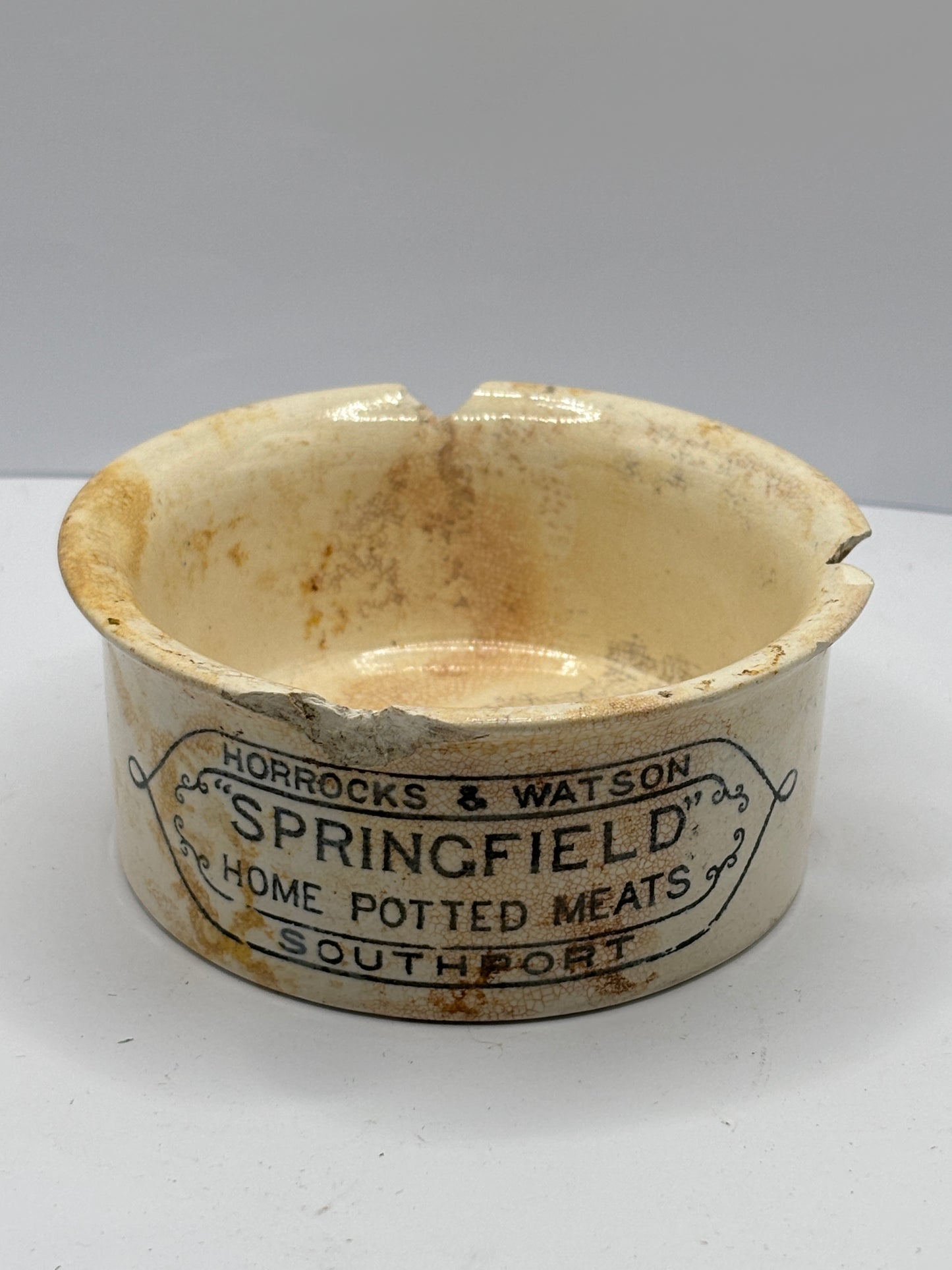 Springfield potted meats advertising pot. Damaged