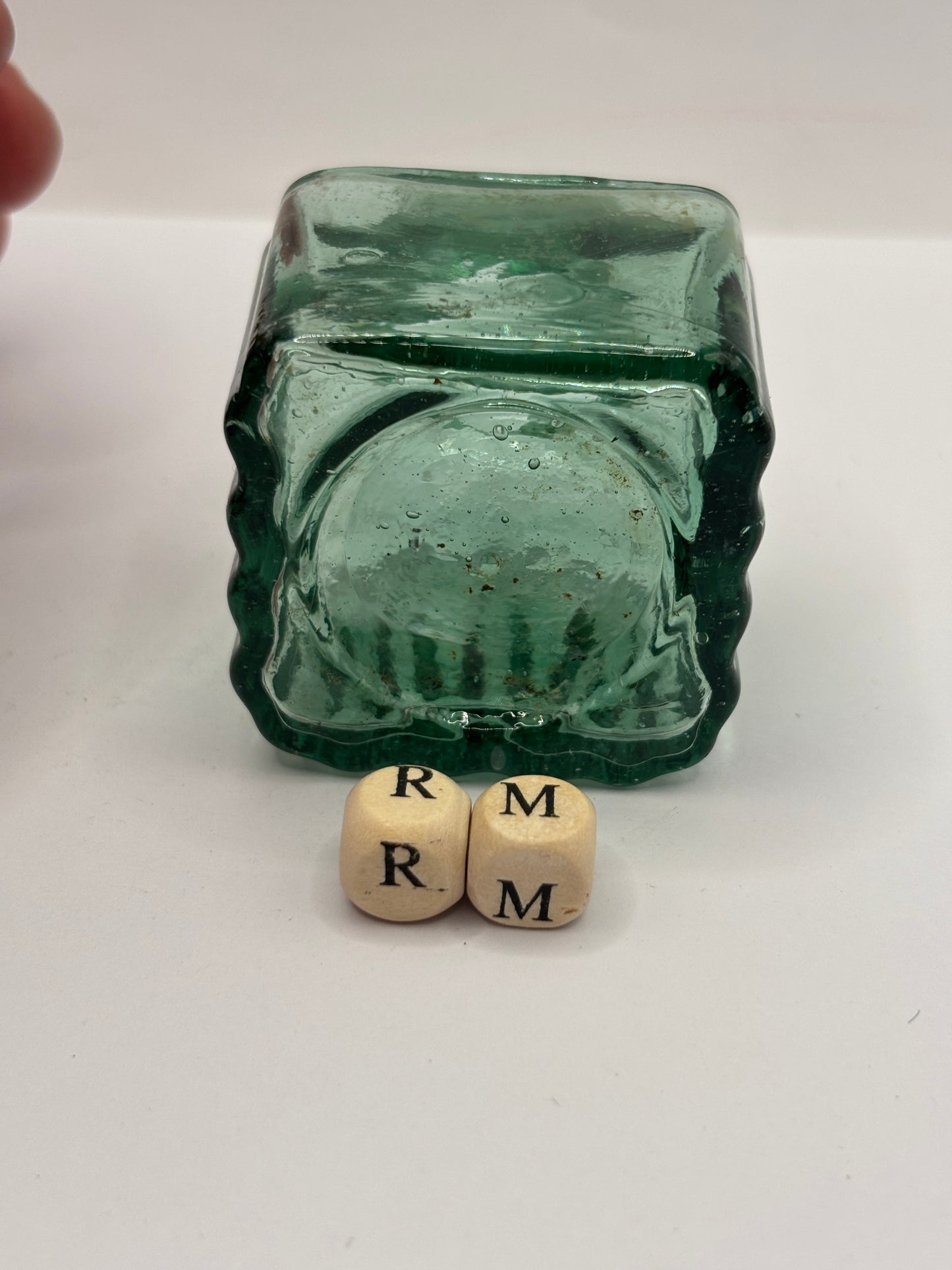 Old dark aqua/green glass ink bottle, inkwell, penny ink (RM)