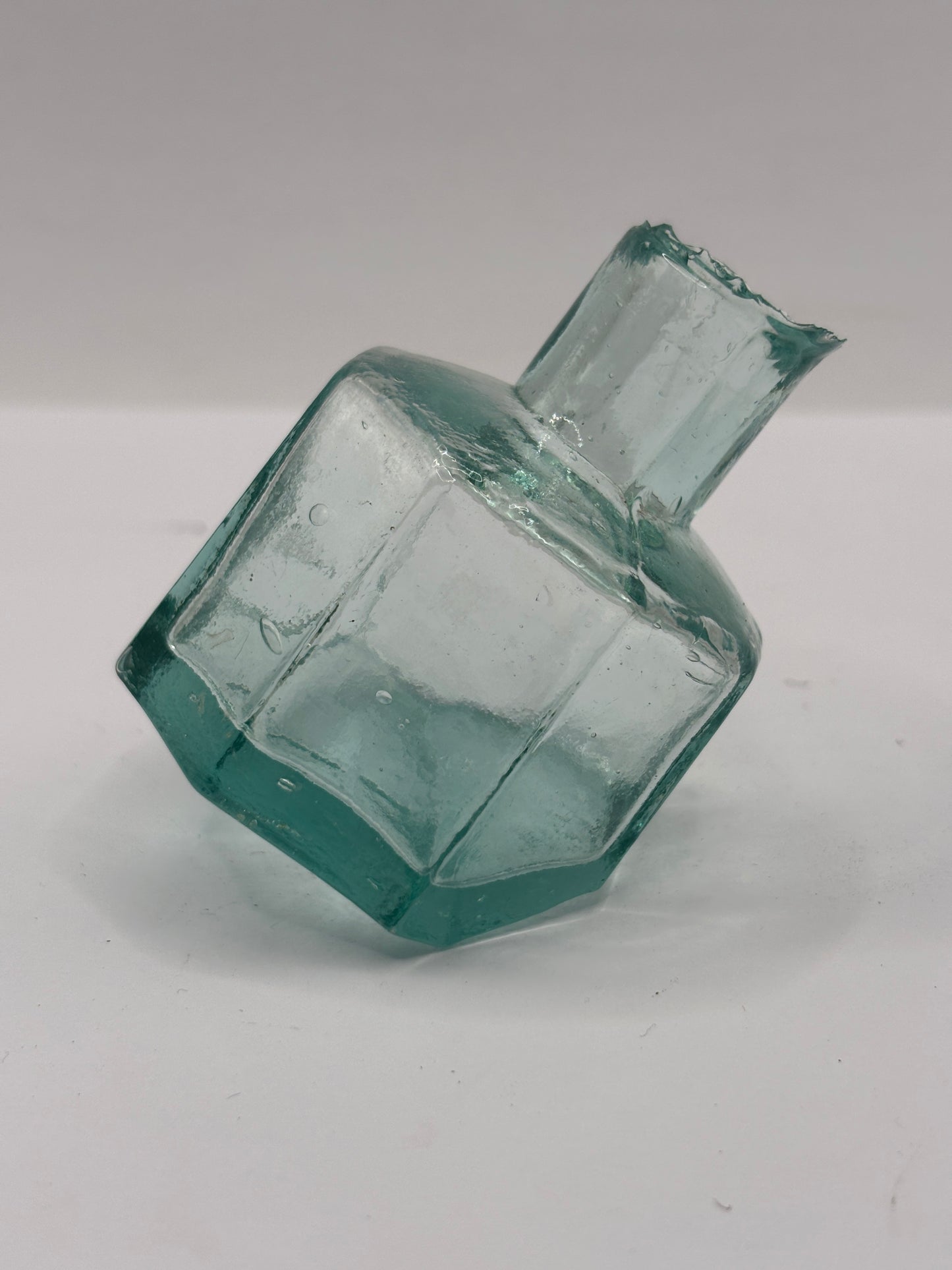 Old aqua glass inkwell, tipper ink, ink bottle, penny ink