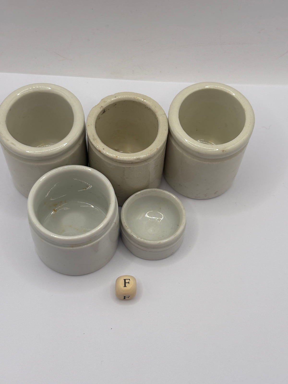 5 old small stoneware jars & pots (F)