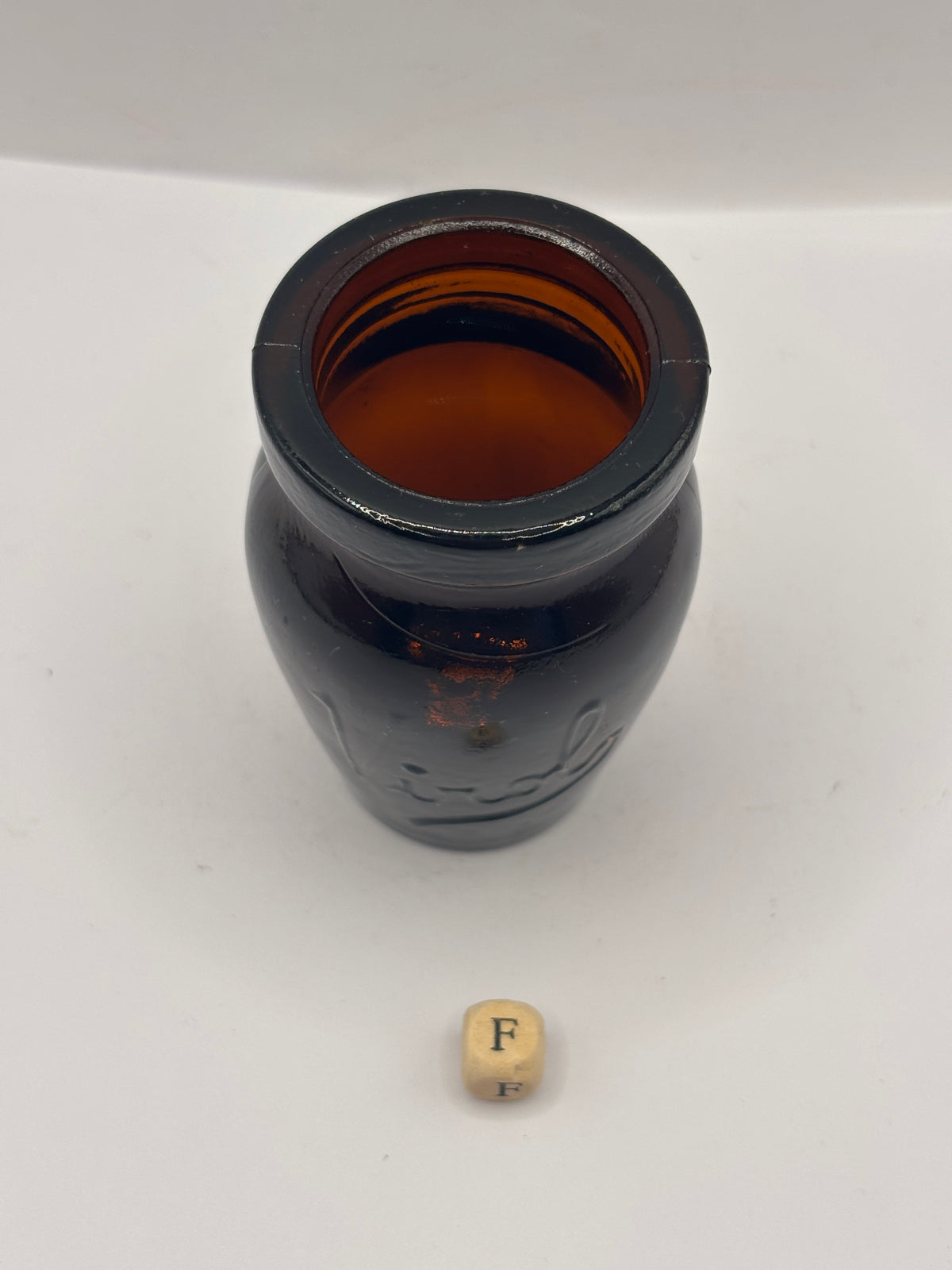 Old amber glass Virol jar (f) 8cms