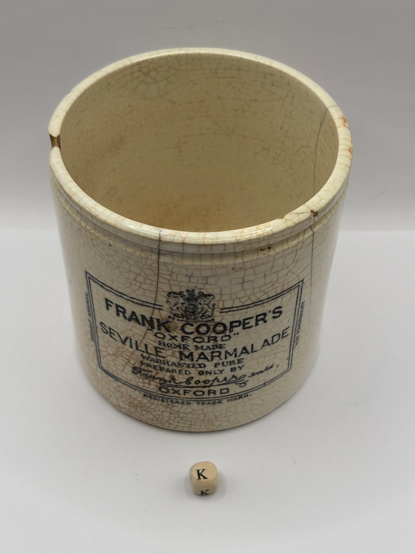 Old 2lb Frank Cooper marmalade jar. Damaged