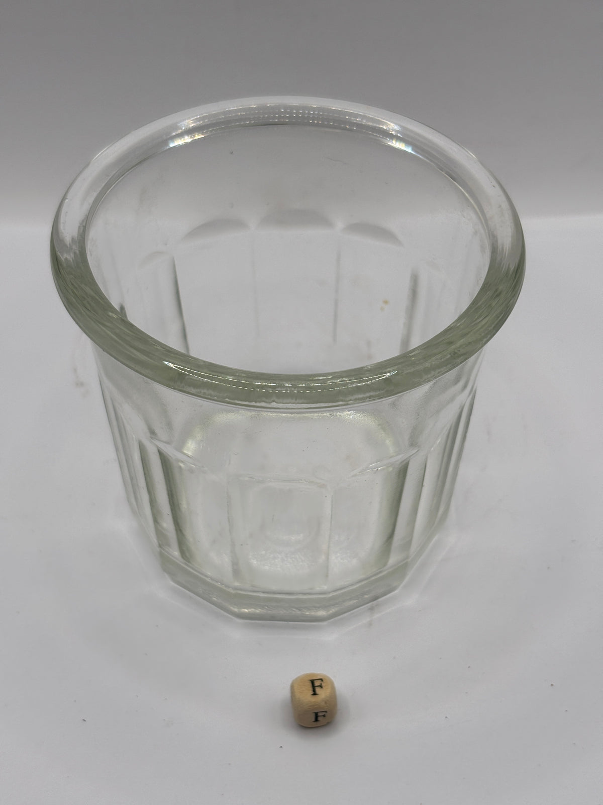 Old clear glass French jam jar (F)