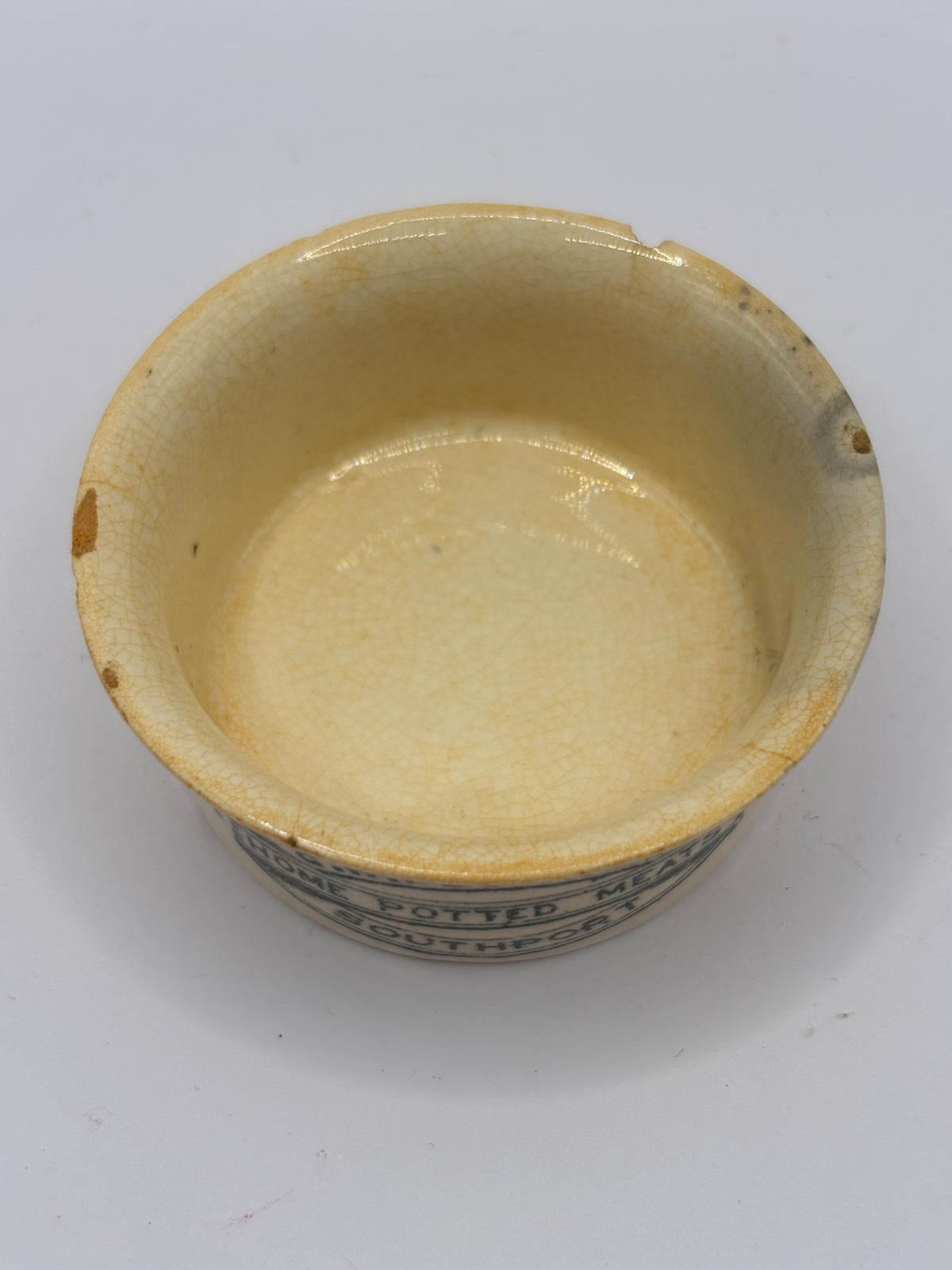 Old small advertising meat paste pot, Plumtree home potted meats