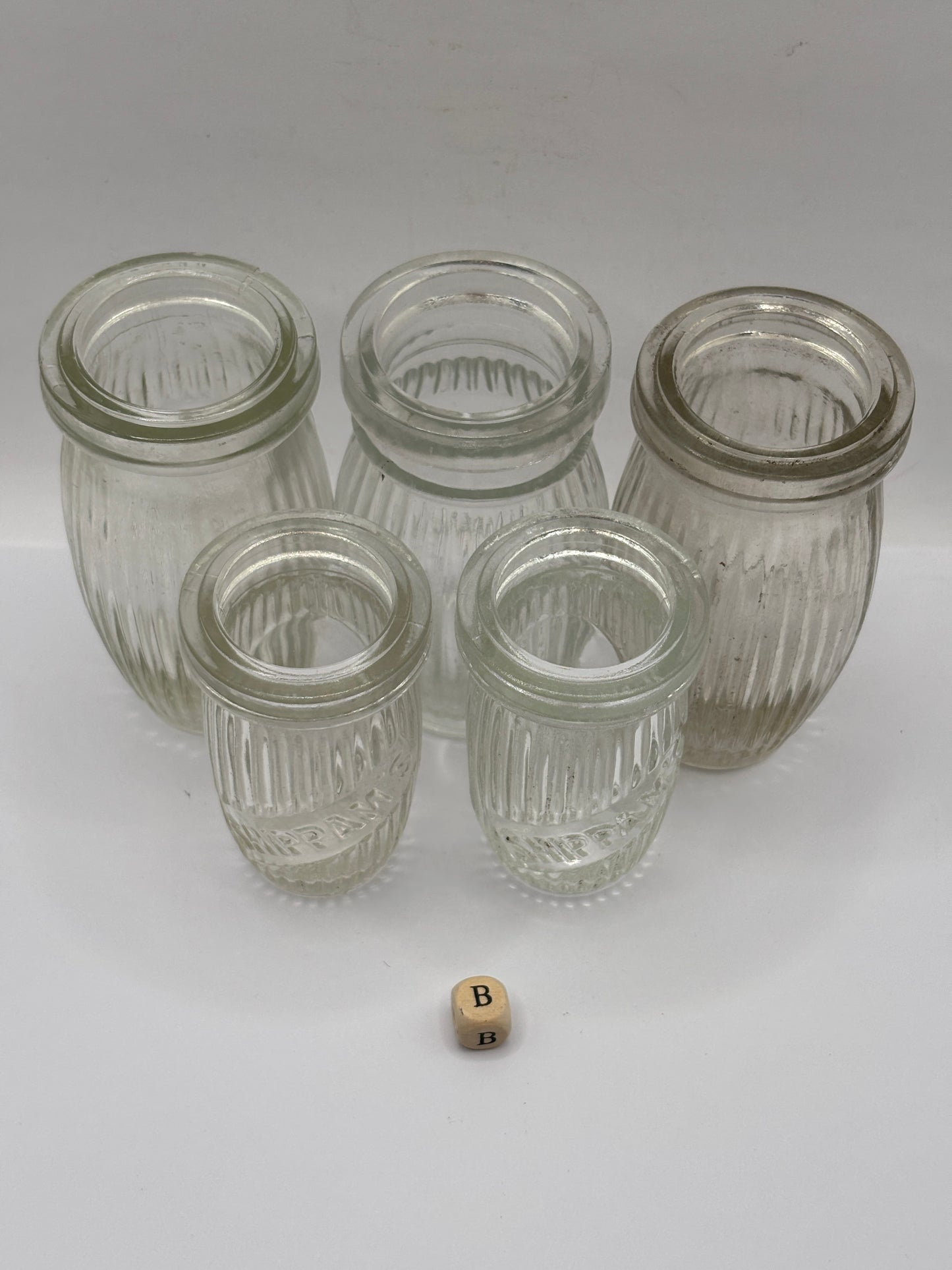 5 old clear glass meat paste jars (B)