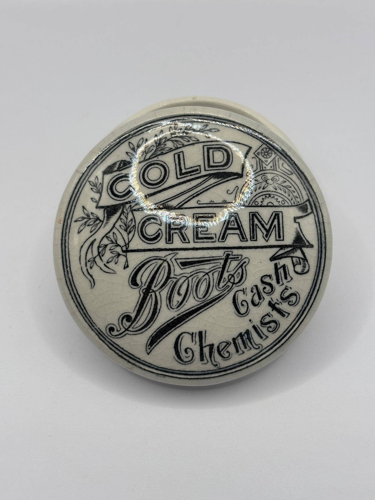 Old advertising lid and base, Boots cold cream