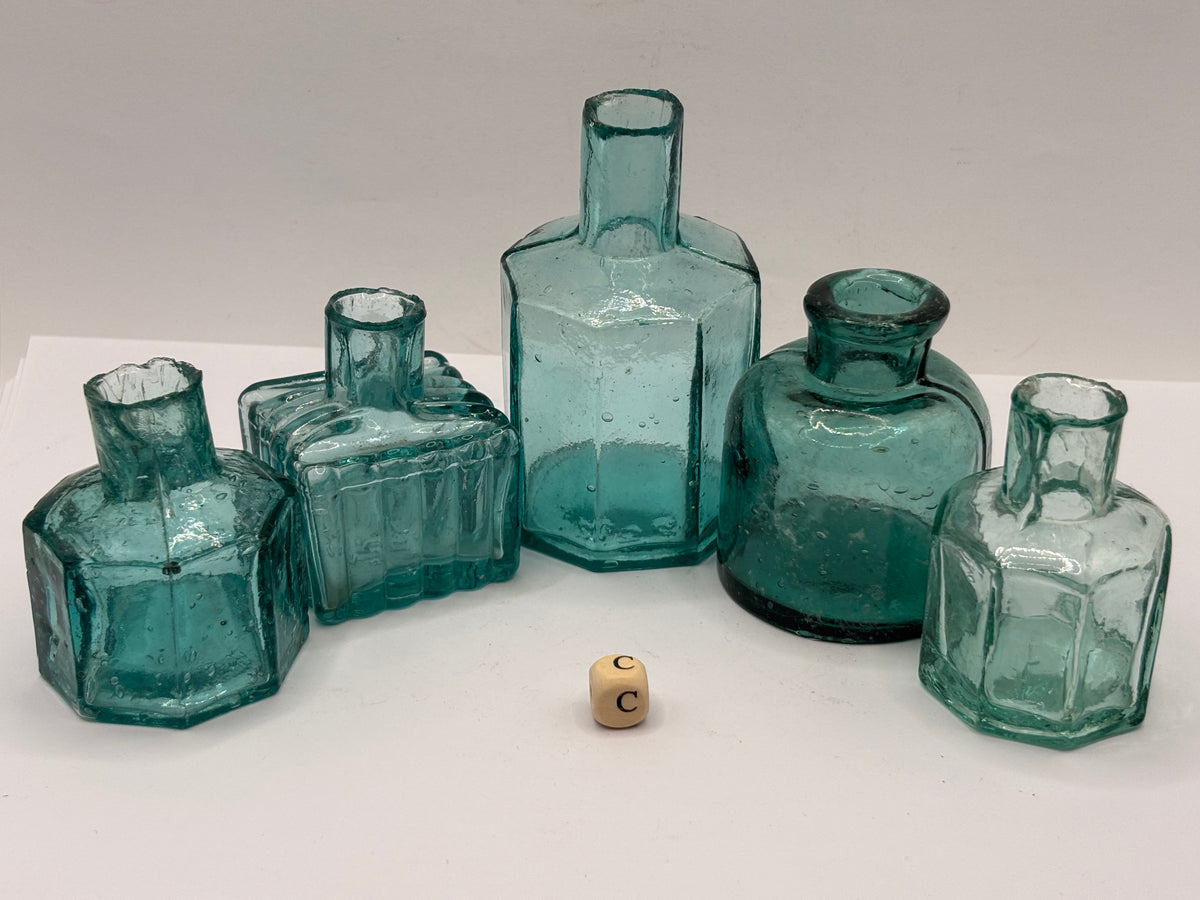 5 old dark aqua glass inks, inkwells, ink bottles, penny ink (c)