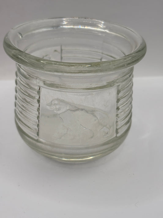 Old clear glass honey pot, bears