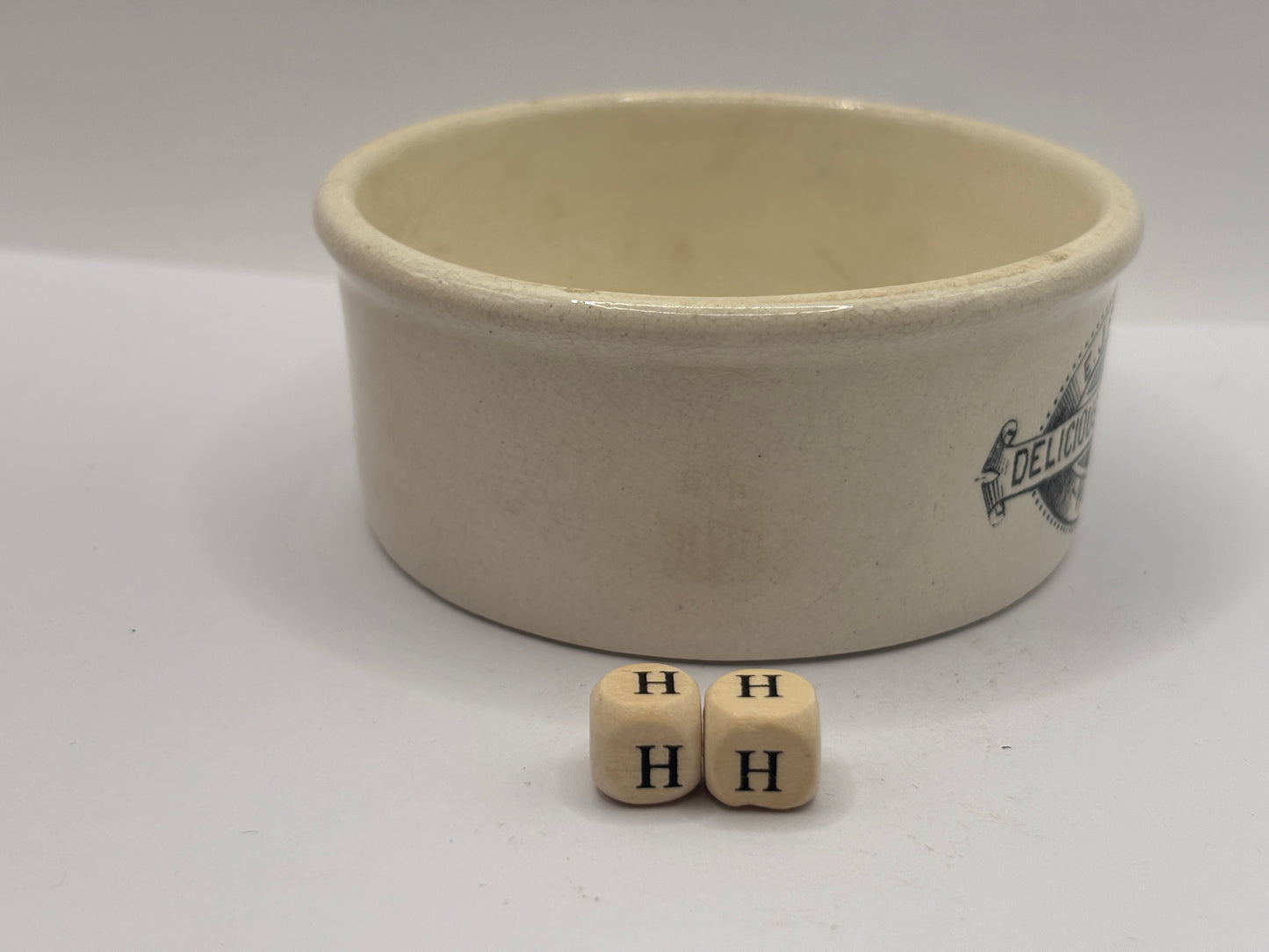 Old advertising meat paste pot, EJ Fosters delicious potted meats Ipswich