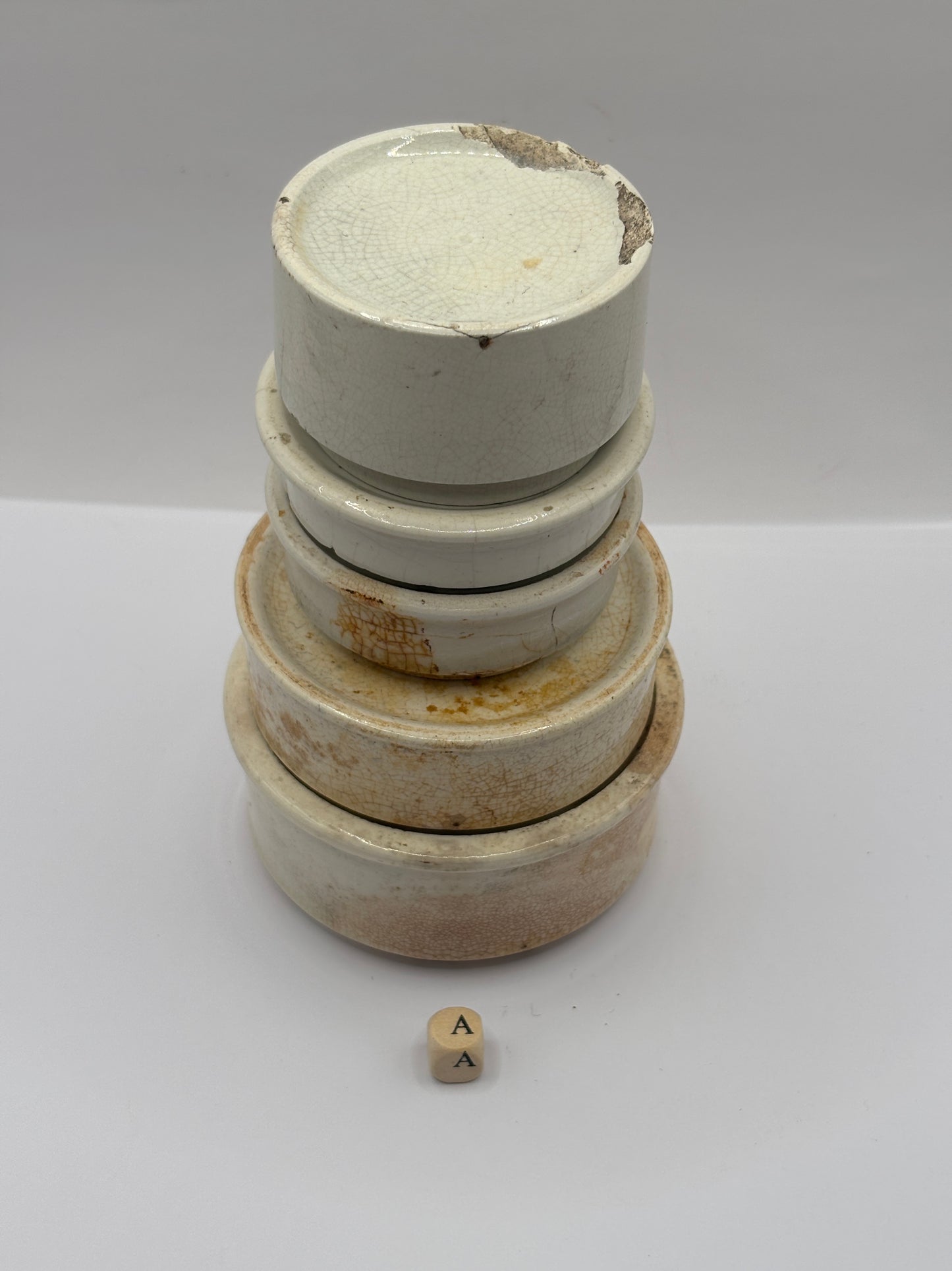 5 old pot lid bases, stackers, risers (a)