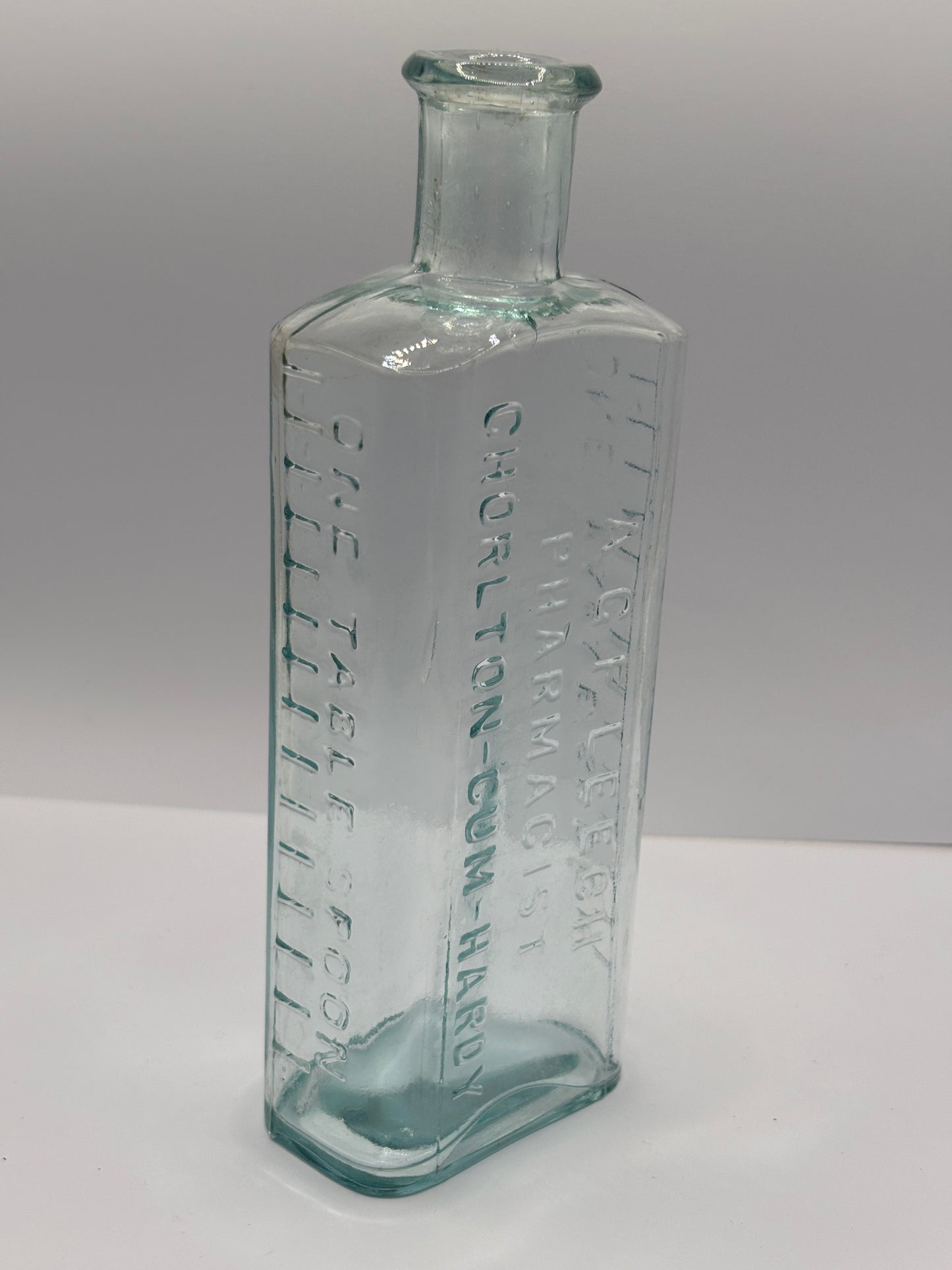 Old aqua glass chemist bottle, AGF LEECH PHARMACIST