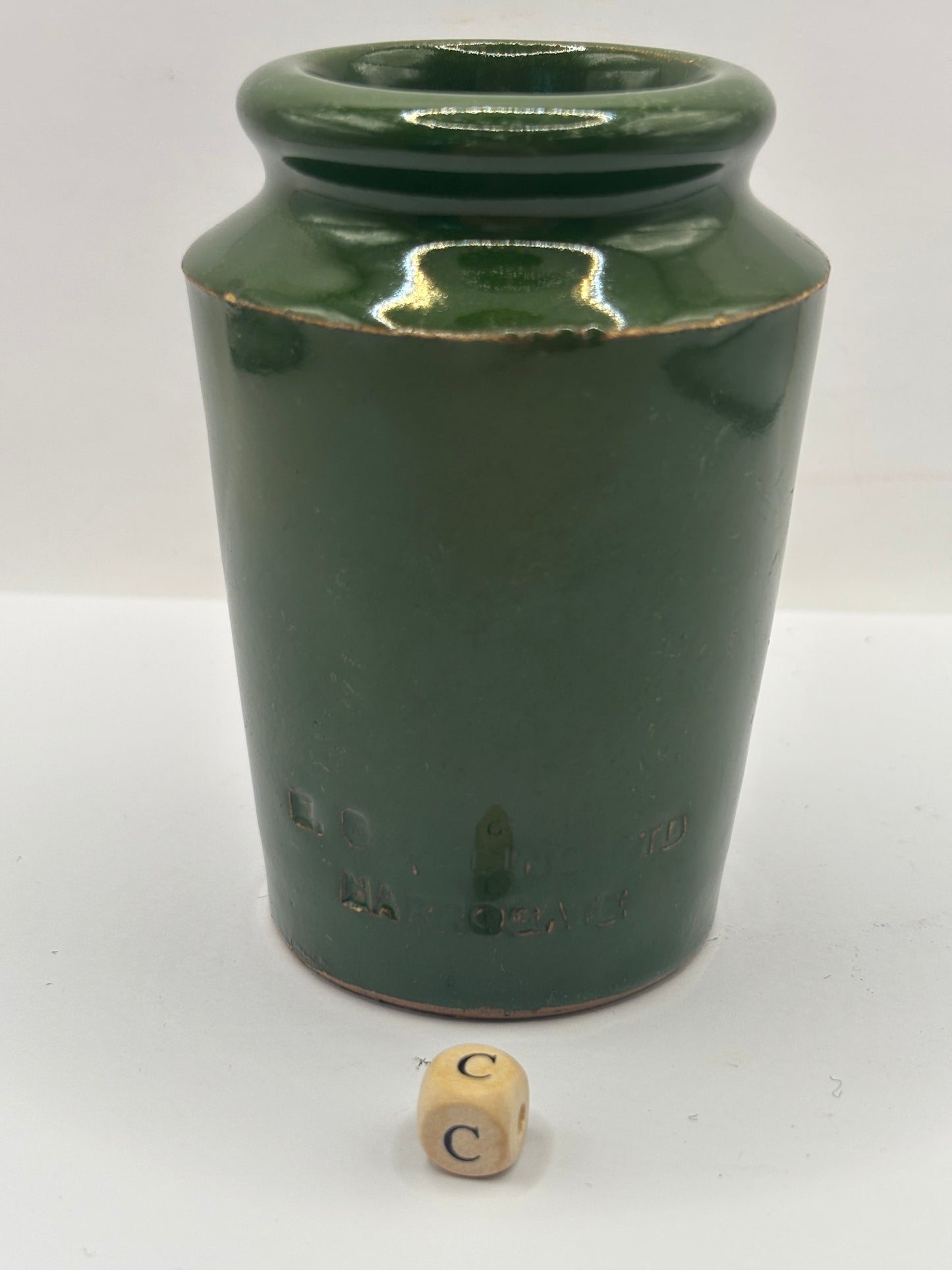 Old green stoneware Harrogate cream pot 9.5cms (c)