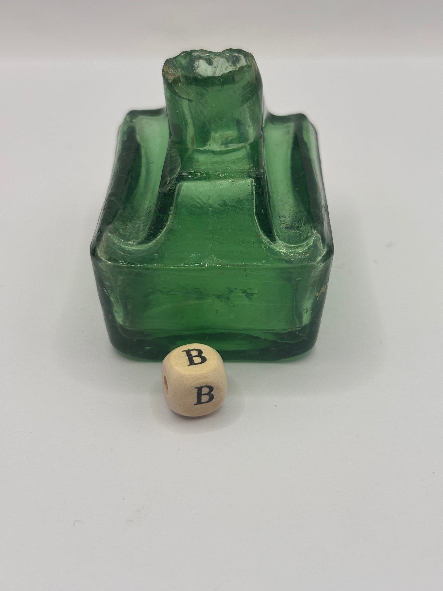 Old green glass boat ink, inkwell (B) small damage