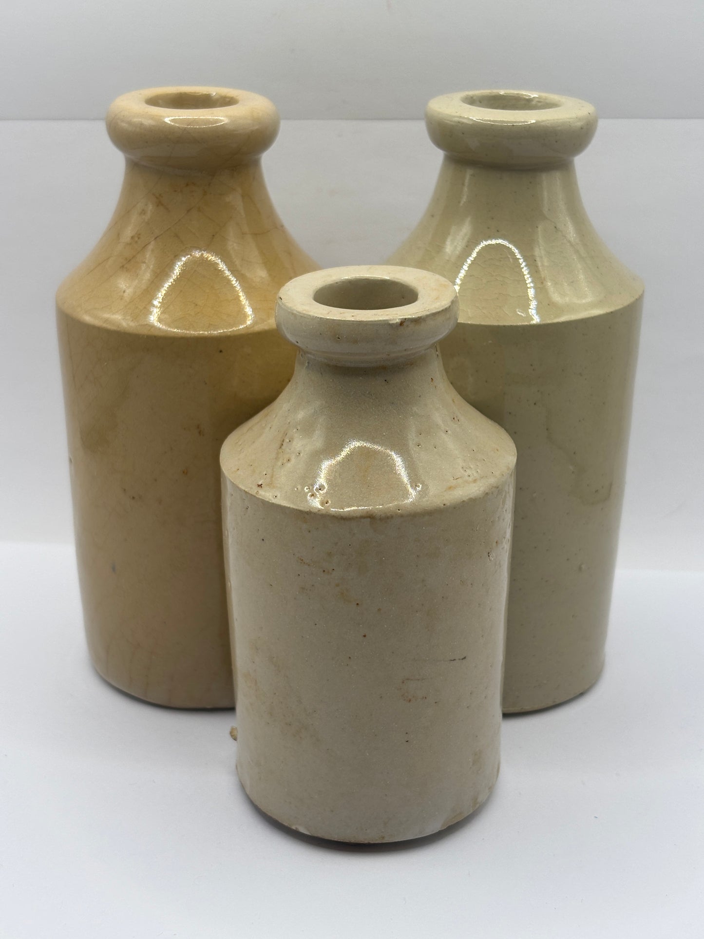 3 old stoneware furniture cream pots