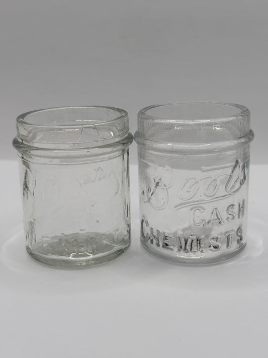 2 clear glass Boots cash chemists jars