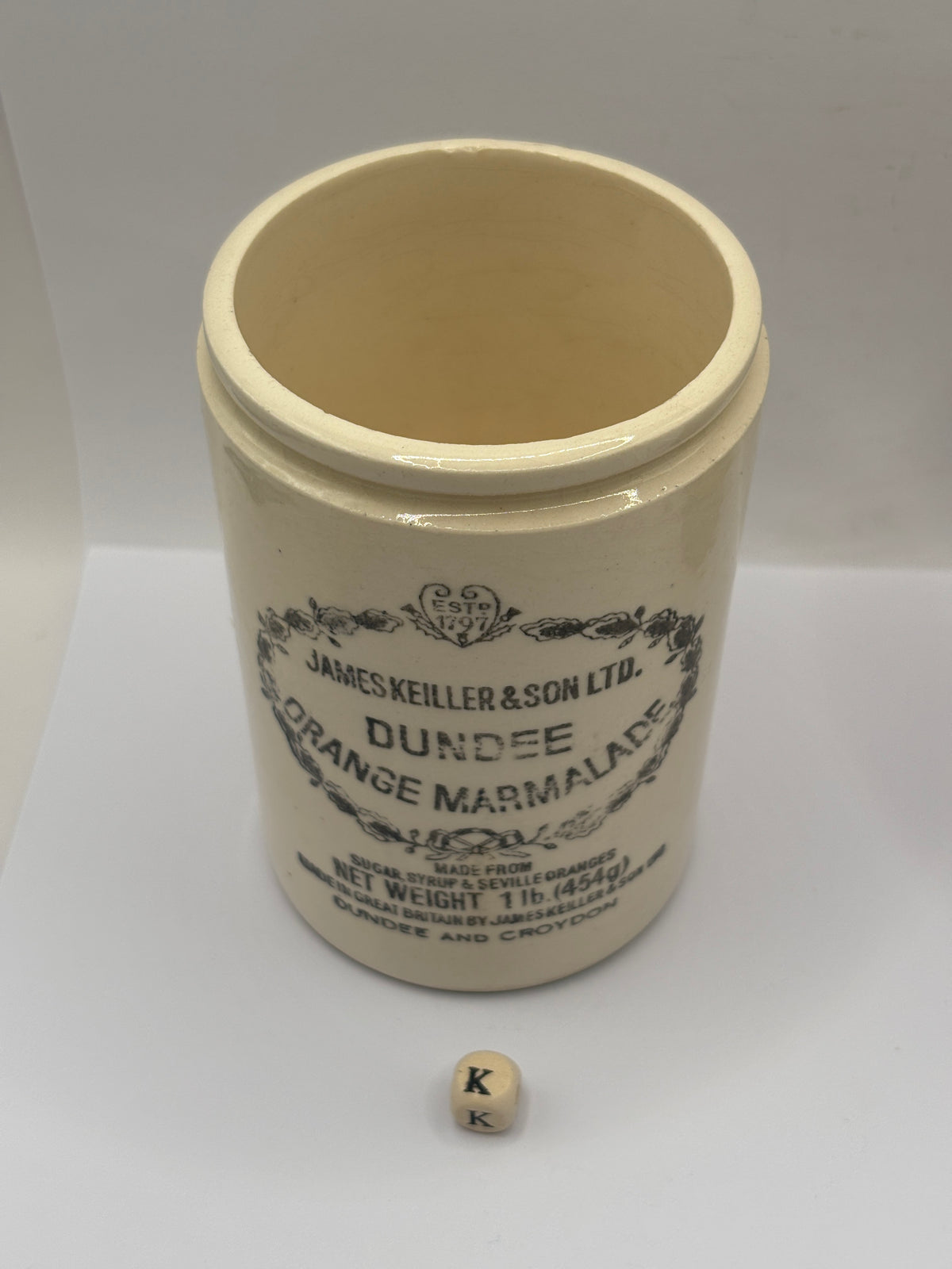 Old 1lb stoneware marmalade pot, James Keiller Dundee marmalade (K)