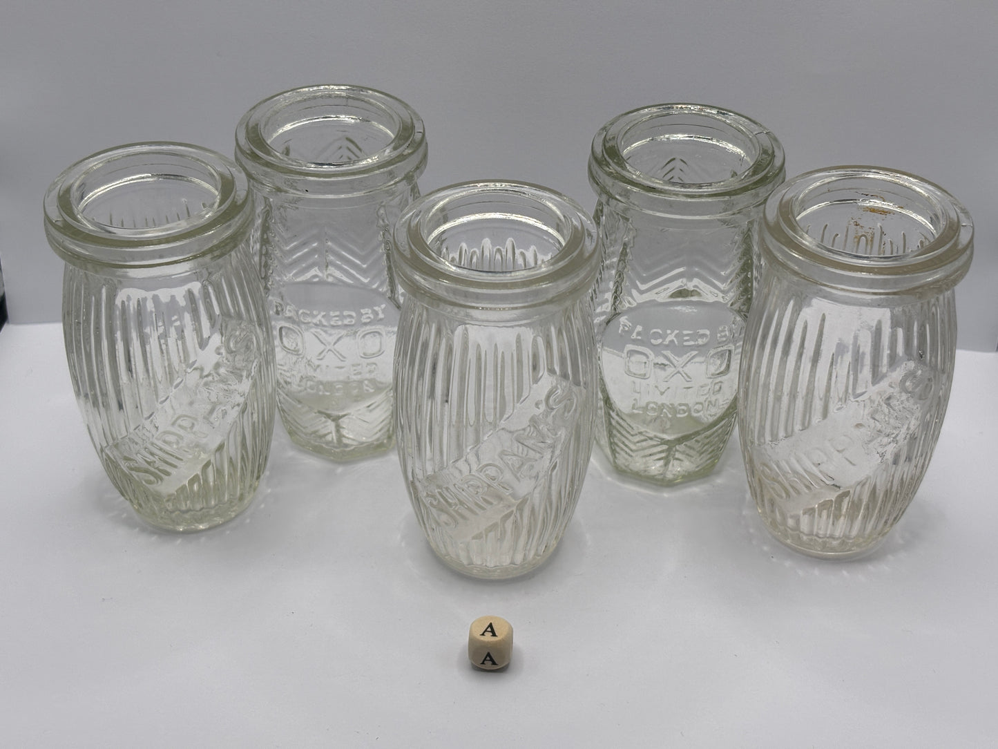 5 old clear glass meat paste jars (a)
