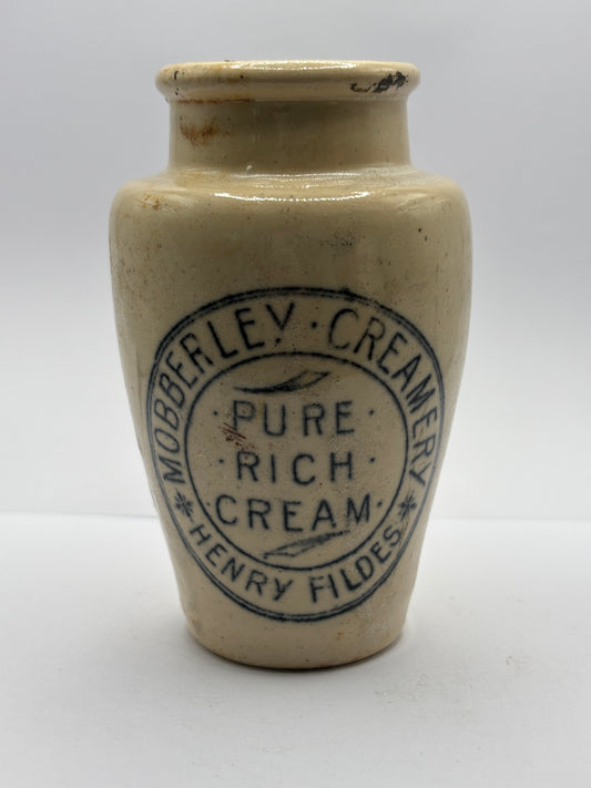 Old stoneware advertising cream pot, Mobberley creamery