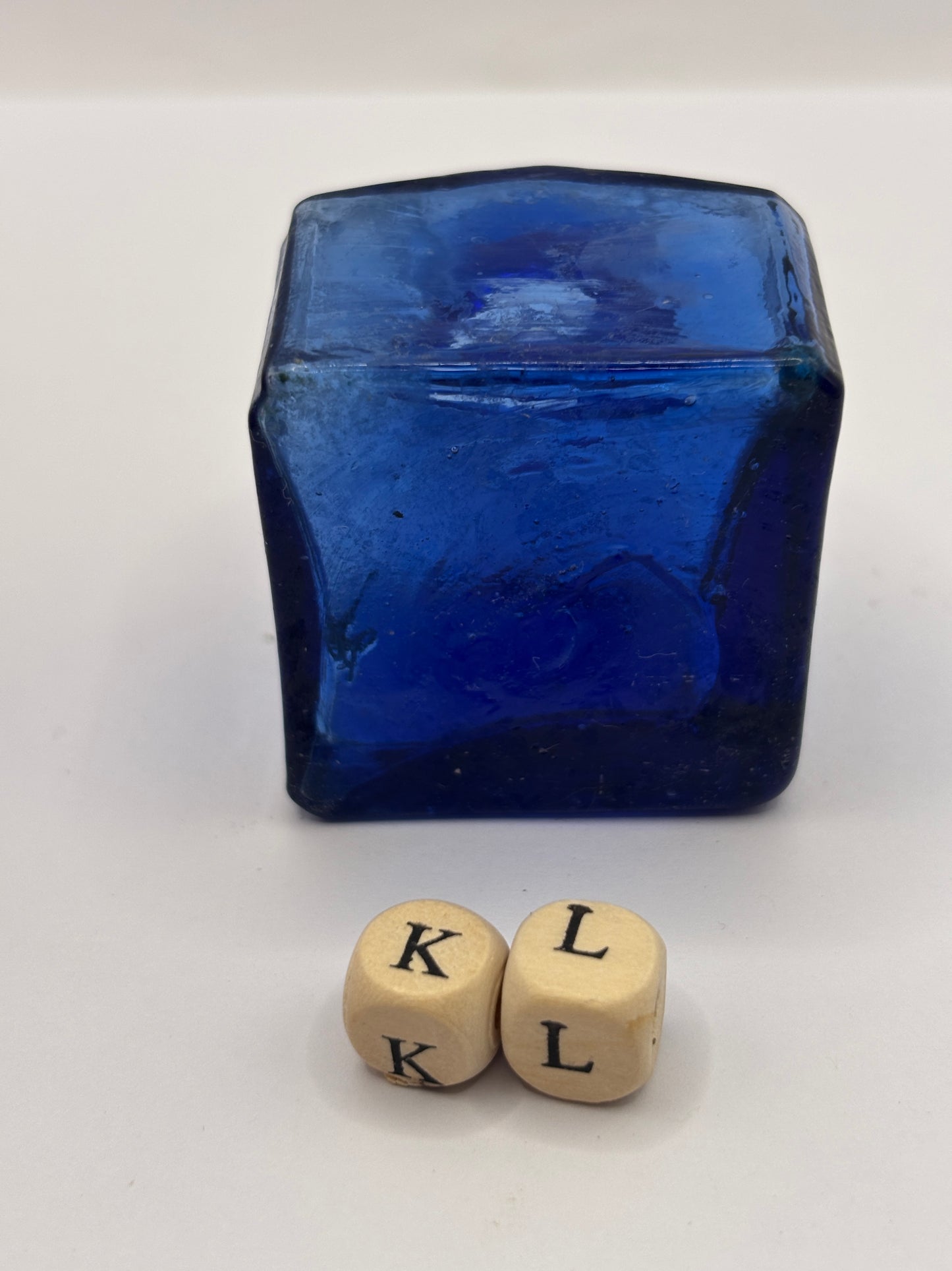 Old blue glass ink bottle, inkwell, penny ink (KL)