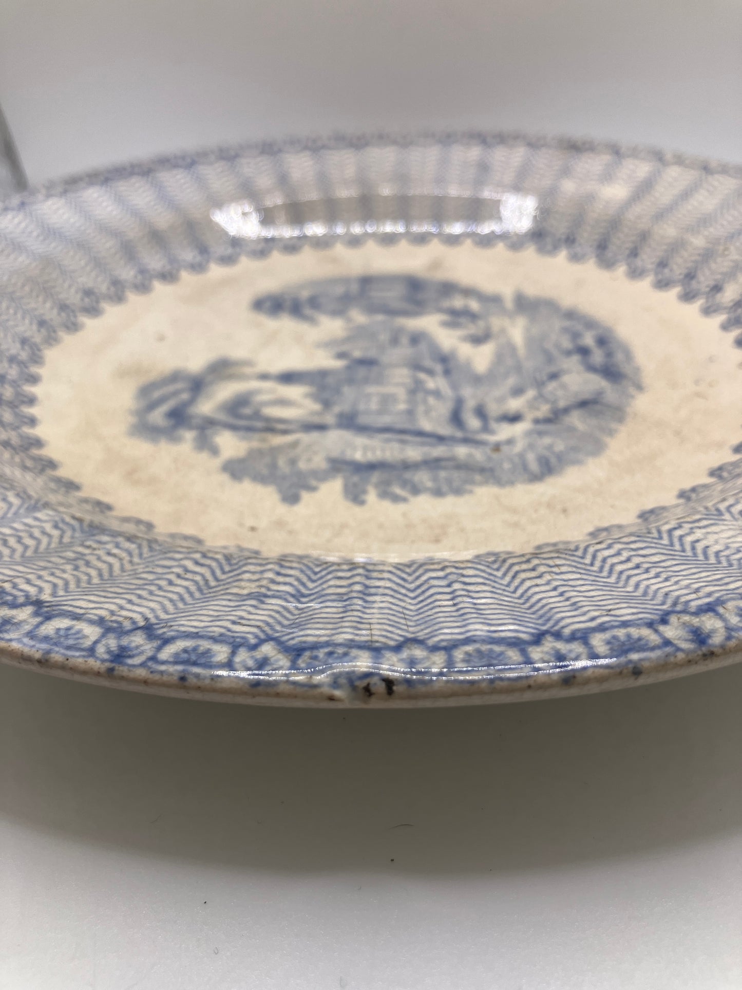 2 old blue and white plates, mid 1800s with diamond registration, stained & crazed