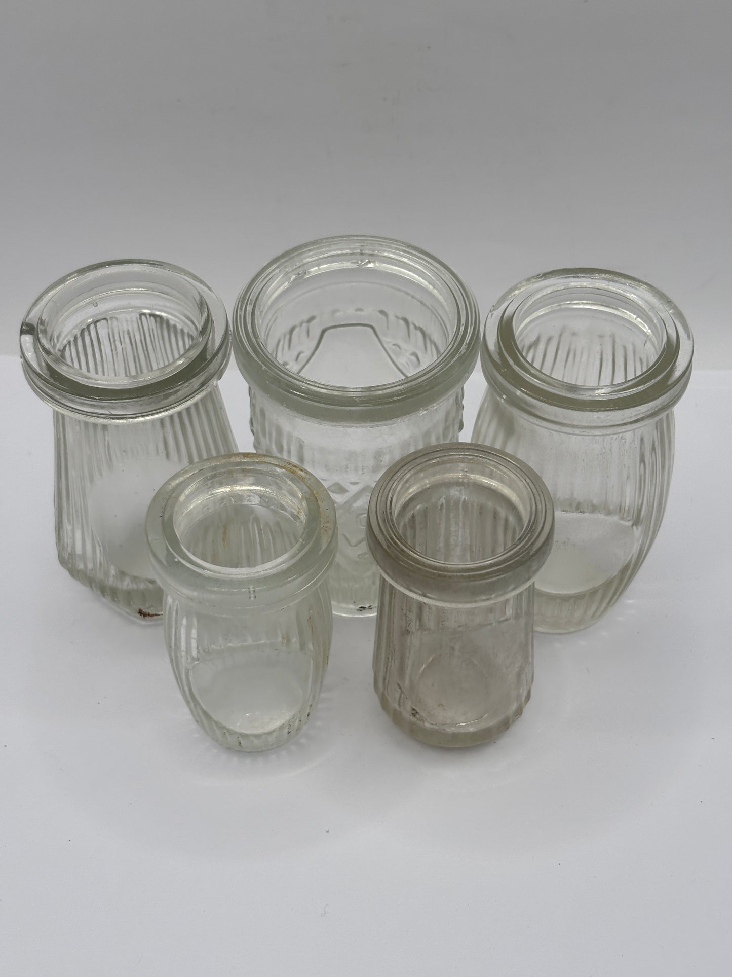 5 old clear glass meat paste jars