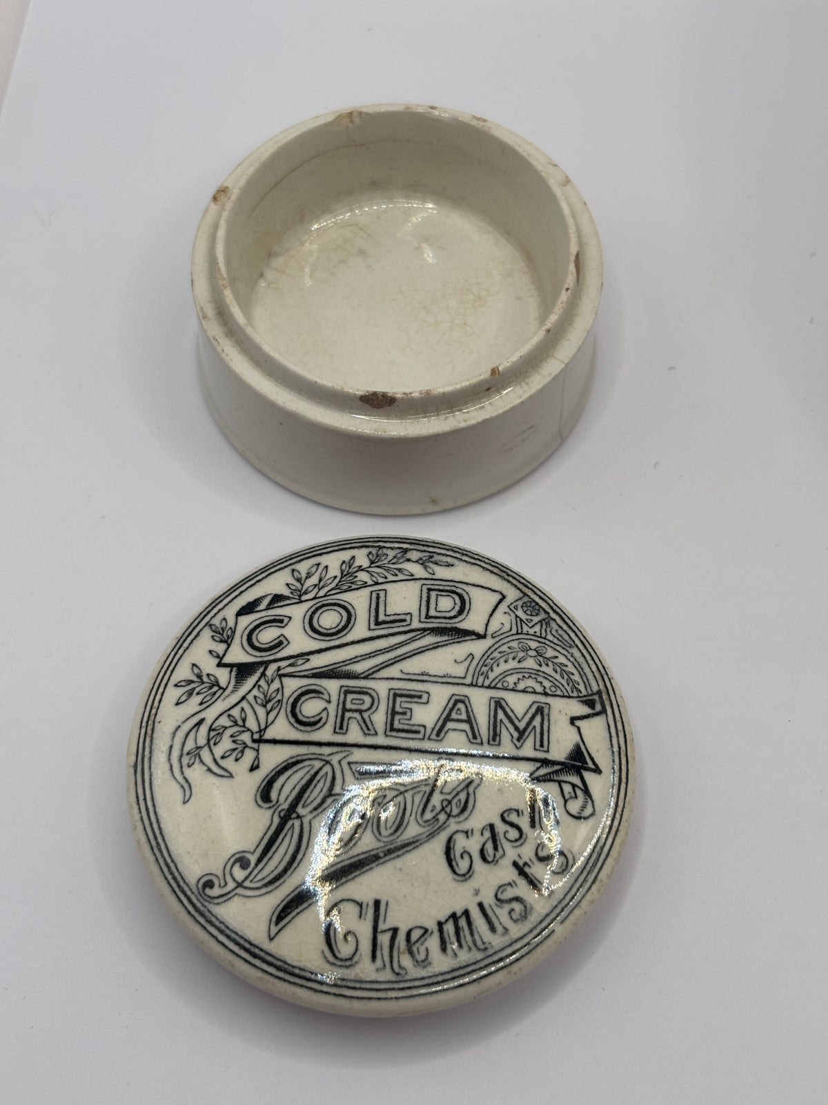 Old advertising lid and base, Boots cold cream