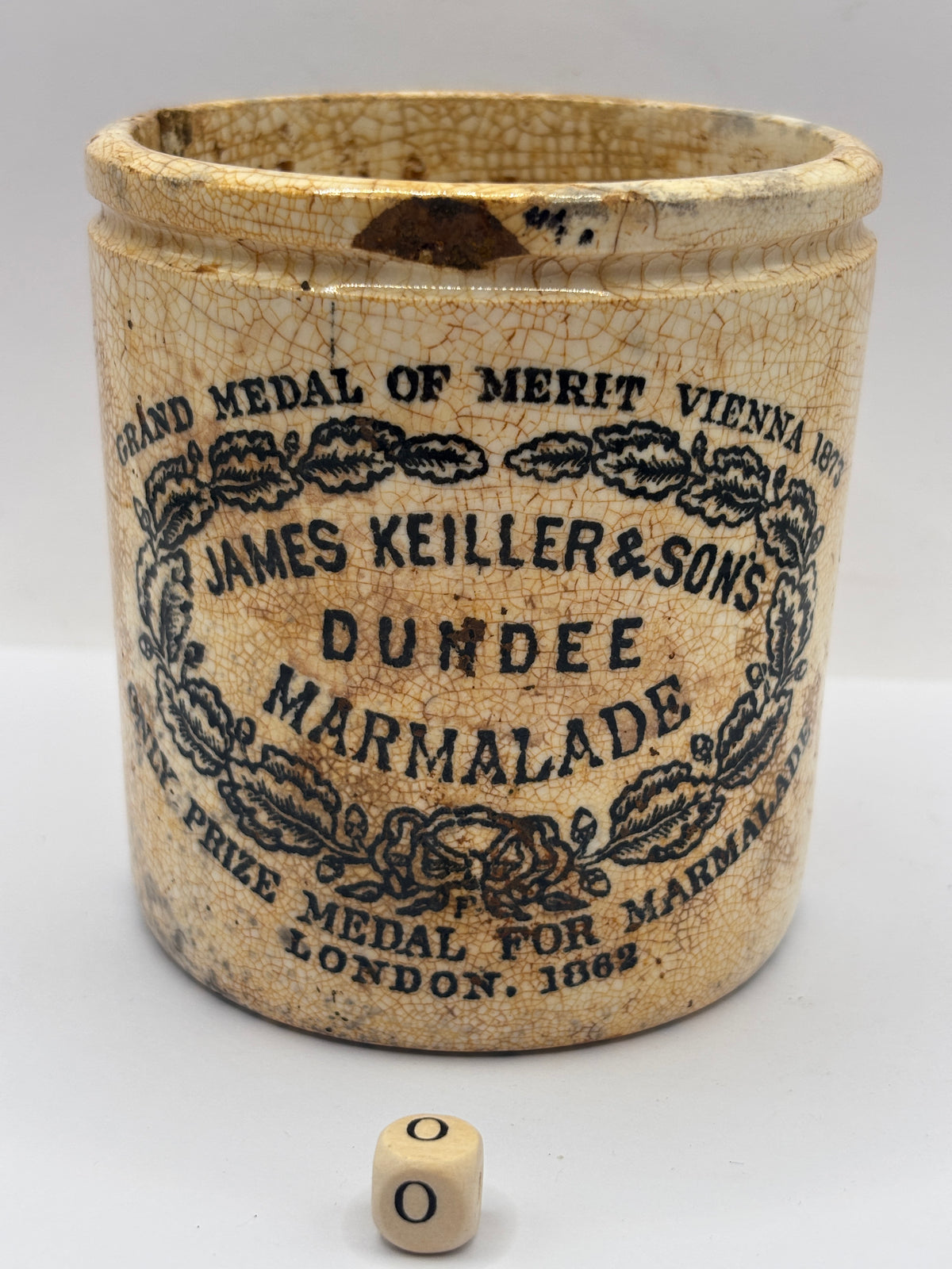 Old 1lb stoneware marmalade pot, James Keiller Dundee marmalade (o)