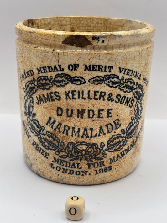Old 1lb stoneware marmalade pot, James Keiller Dundee marmalade (o)