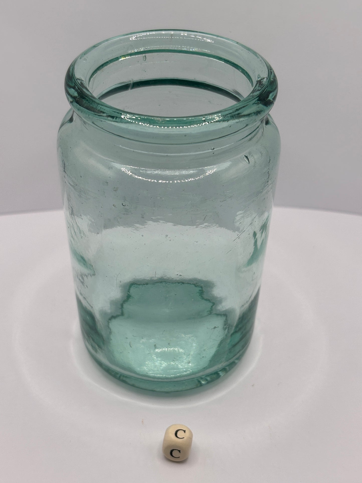Old aqua glass jam jar (c)