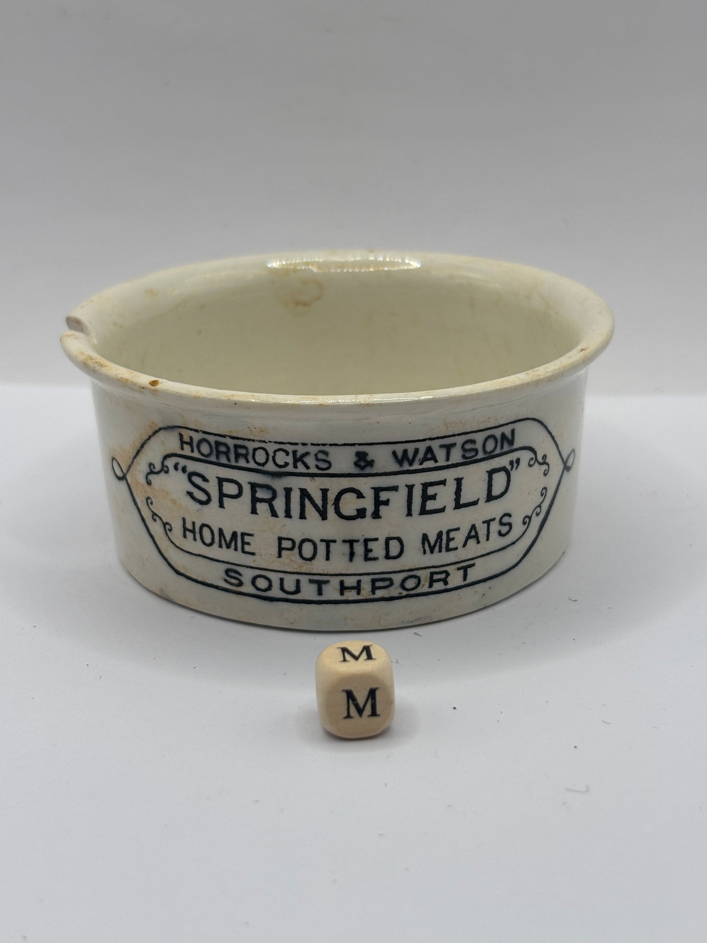 Old advertising meat paste pot, Springfield (M) damaged