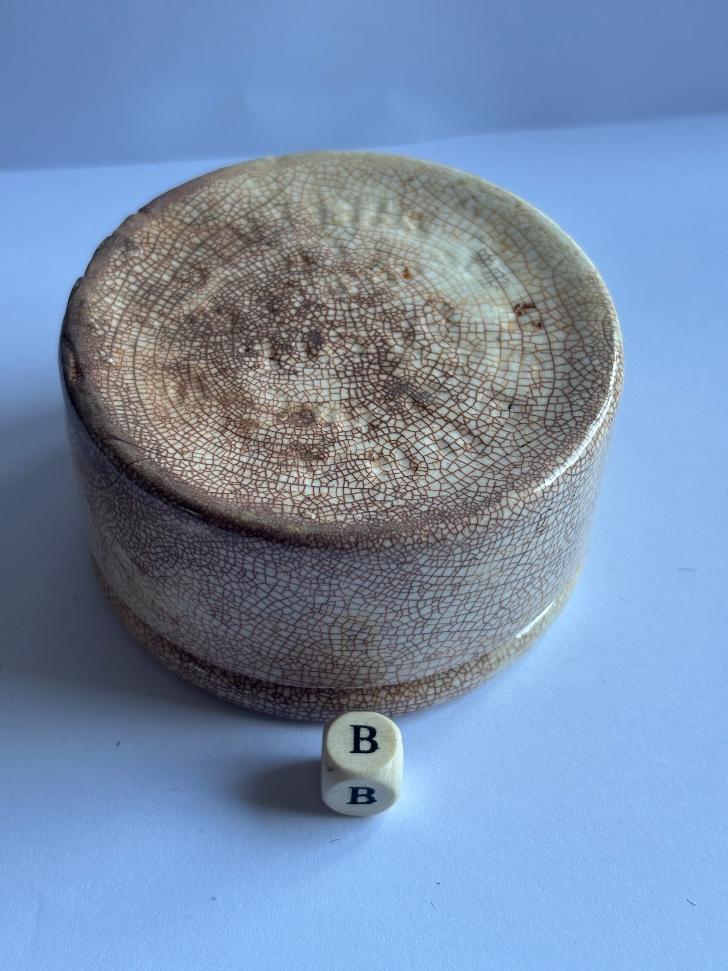 Old stained & crazed stoneware paste pot, Needhams polishing paste (B)