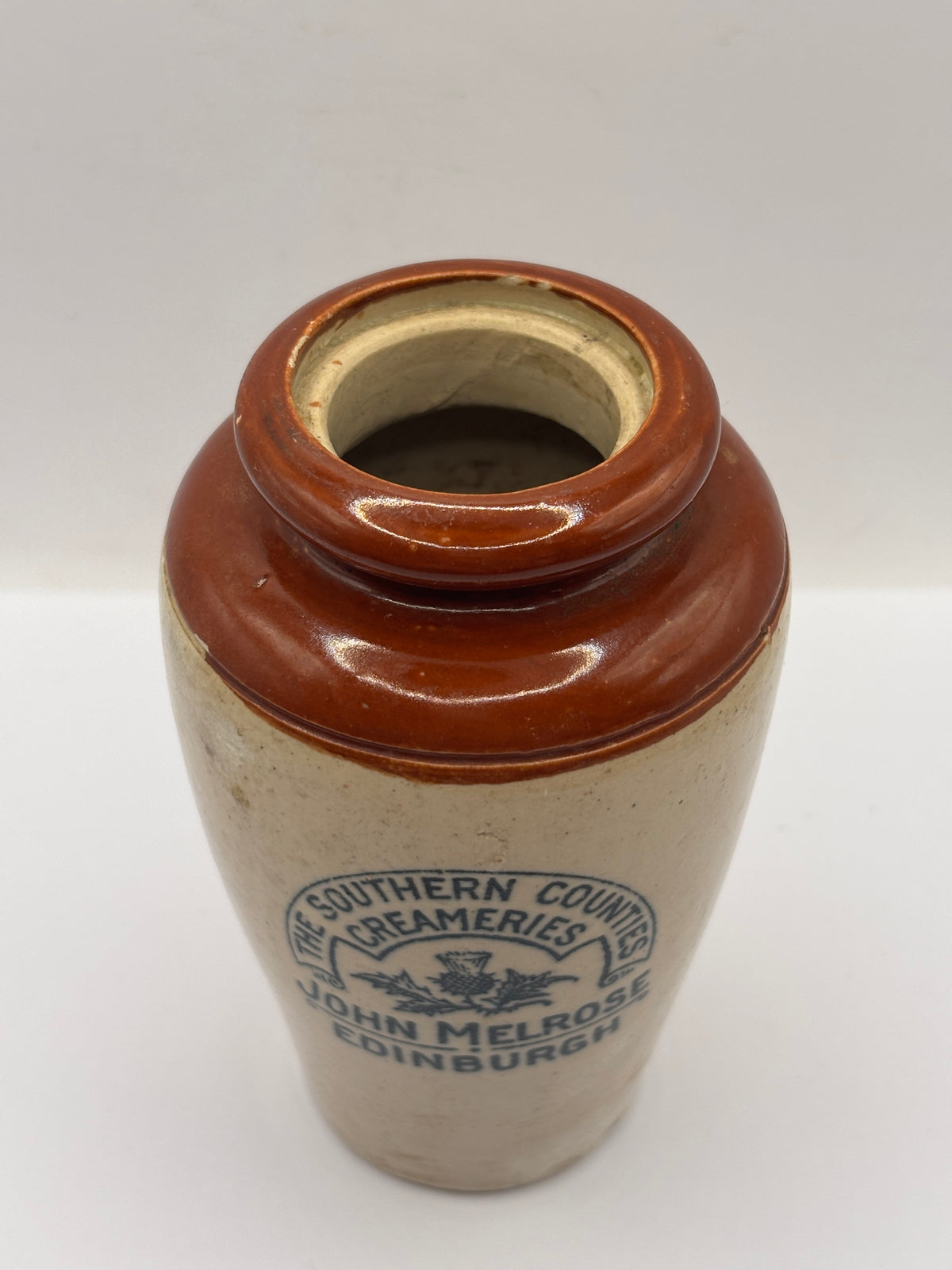 Old advertising cream pot, John Melrose, The southern counties creamery 12.5cms