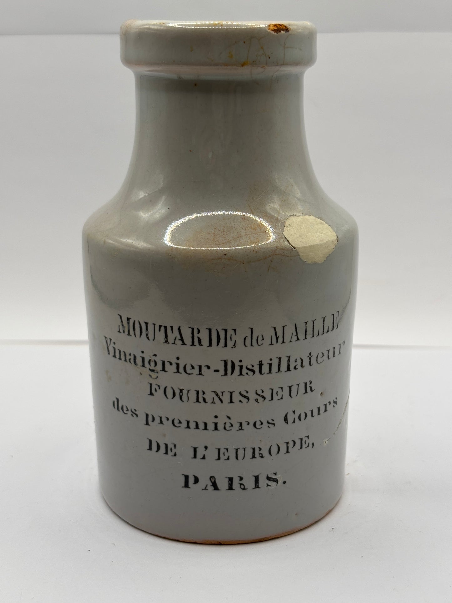 Old advertising french mustard jar, moutarde de maille. Repair