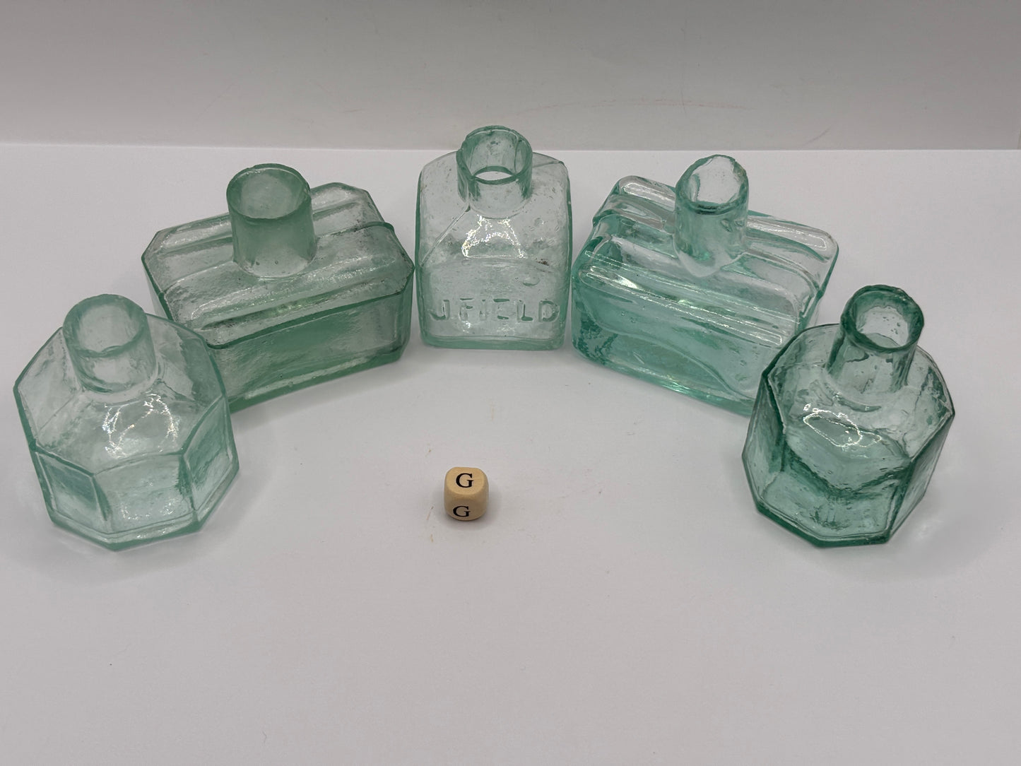 5 old aqua glass inks, inkwells, ink bottles, penny ink (G)